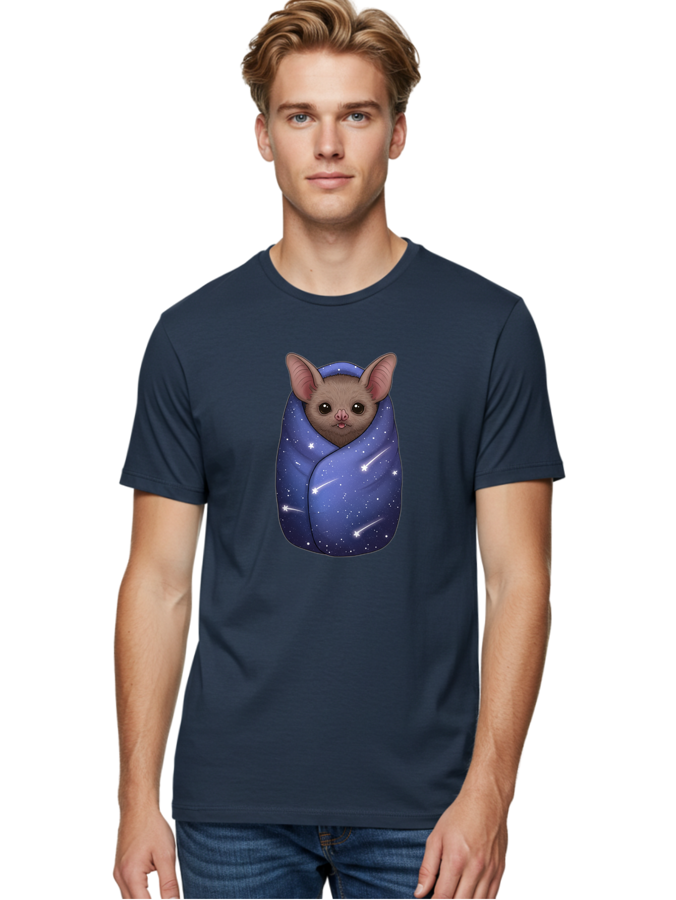 Bat-Wrapped-In-Galaxy-Blanket-2 Men'S Graphic Tee, 100% Cotton, Comfortable Casual Summer Wear, Machine Washable, Vintage Camera, Old Camera, Antique Camera, Black Camera, Classic Photography, Photography Equipment, Nostalgic Device, Bal769