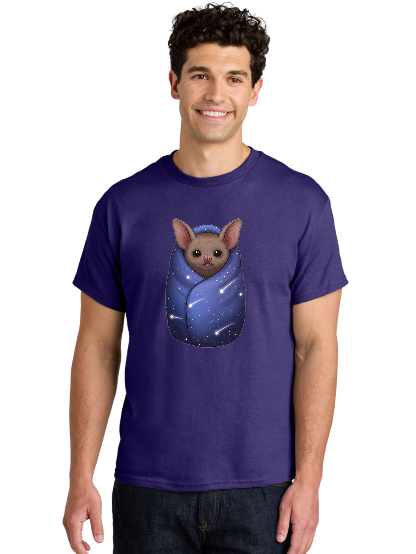 Bat-Wrapped-In-Galaxy-Blanket-2 Men'S Graphic Tee, 100% Cotton, Comfortable Casual Summer Wear, Machine Washable, Vintage Camera, Old Camera, Antique Camera, Black Camera, Classic Photography, Photography Equipment, Nostalgic Device, Bal769