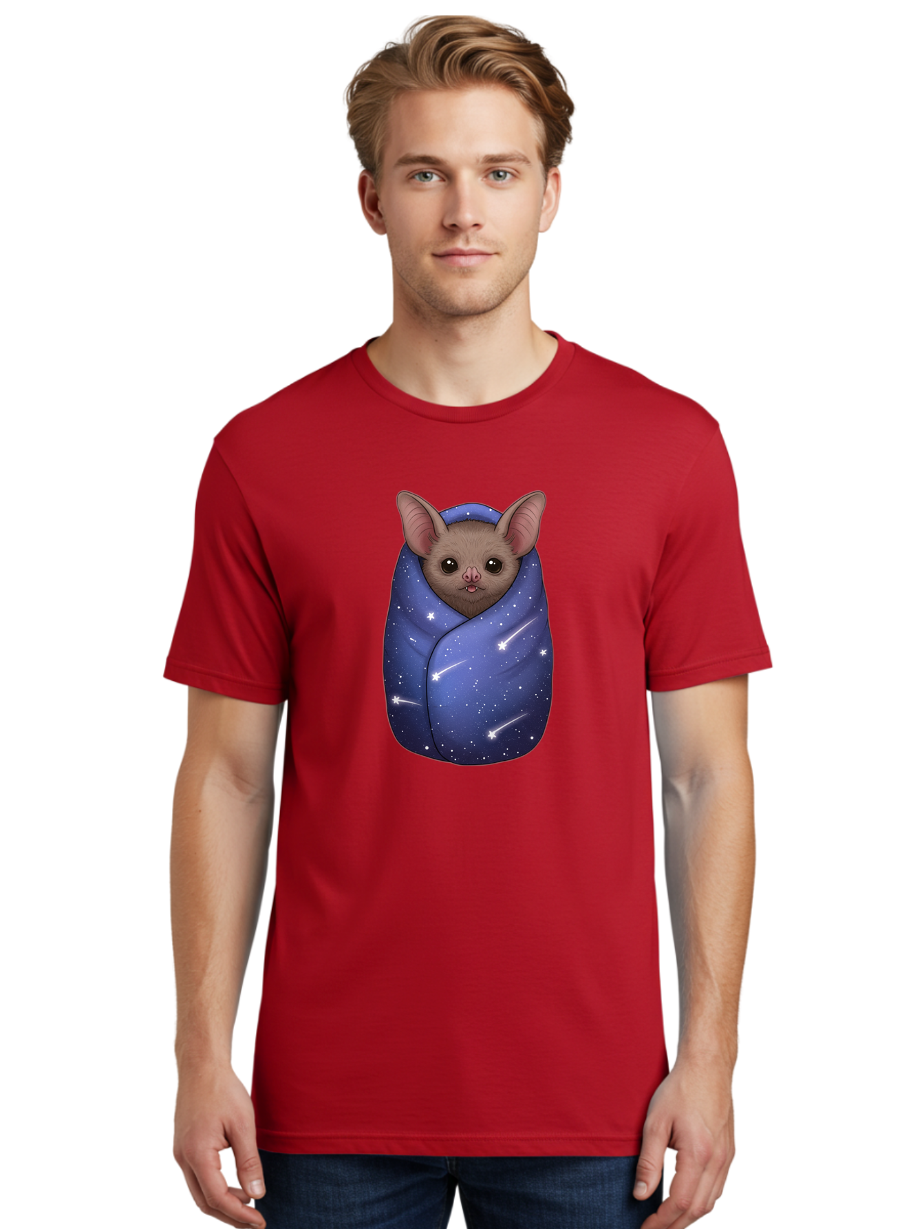 Bat-Wrapped-In-Galaxy-Blanket-2 Men'S Graphic Tee, 100% Cotton, Comfortable Casual Summer Wear, Machine Washable, Vintage Camera, Old Camera, Antique Camera, Black Camera, Classic Photography, Photography Equipment, Nostalgic Device, Bal769