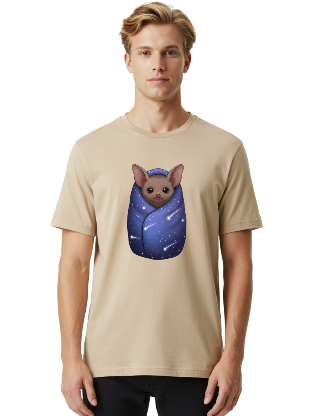 Bat-Wrapped-In-Galaxy-Blanket-2 Men'S Graphic Tee, 100% Cotton, Comfortable Casual Summer Wear, Machine Washable, Vintage Camera, Old Camera, Antique Camera, Black Camera, Classic Photography, Photography Equipment, Nostalgic Device, Bal769