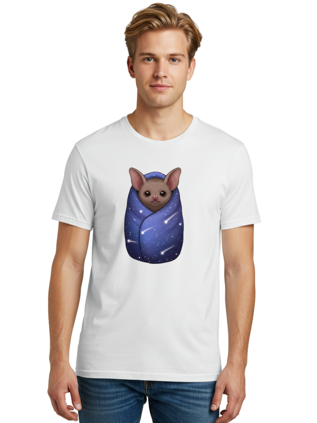 Bat-Wrapped-In-Galaxy-Blanket-2 Men'S Graphic Tee, 100% Cotton, Comfortable Casual Summer Wear, Machine Washable, Vintage Camera, Old Camera, Antique Camera, Black Camera, Classic Photography, Photography Equipment, Nostalgic Device, Bal769