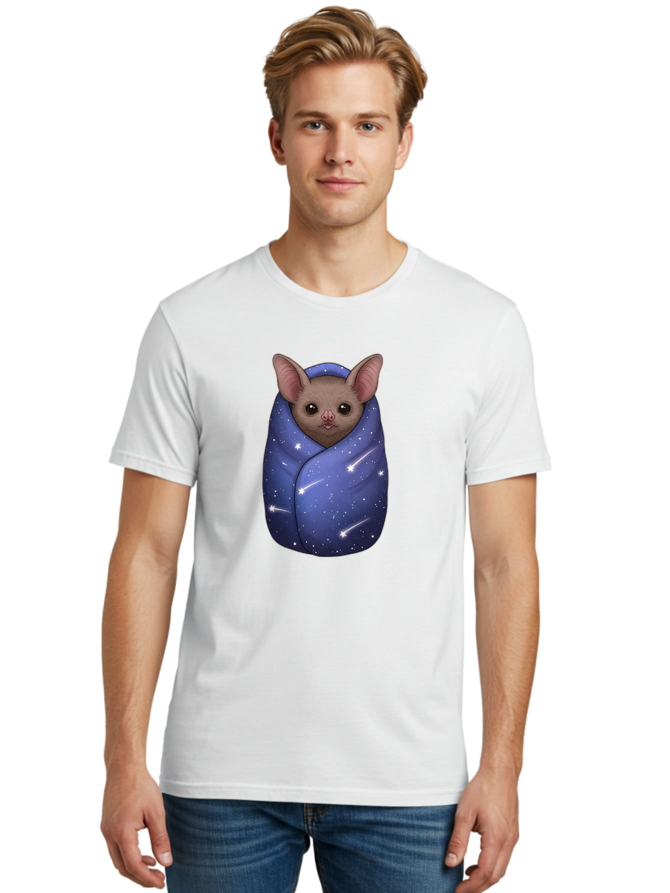 Bat-Wrapped-In-Galaxy-Blanket-2 Men'S Graphic Tee, 100% Cotton, Comfortable Casual Summer Wear, Machine Washable, Vintage Camera, Old Camera, Antique Camera, Black Camera, Classic Photography, Photography Equipment, Nostalgic Device, Bal769