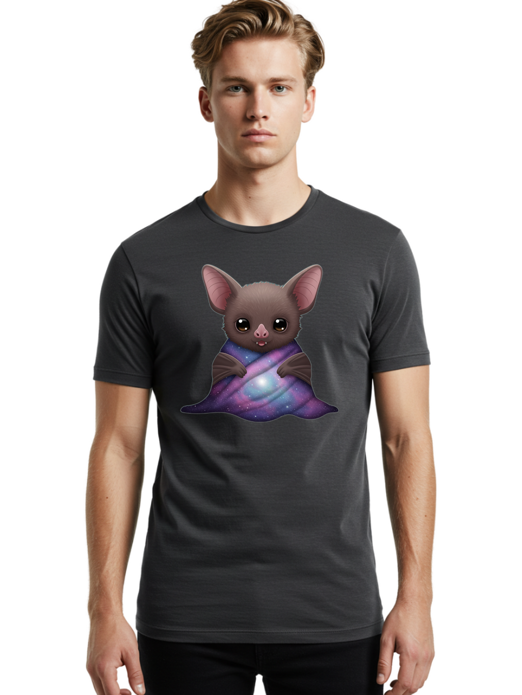Bat-Wrapped-In-Galaxy-Blanket Men'S Graphic Tee, 100% Cotton, Comfortable Casual Summer Wear, Machine Washable, Vintage Camera, Old Camera, Antique Camera, Black Camera, Classic Photography, Photography Equipment, Nostalgic Device, Bal770