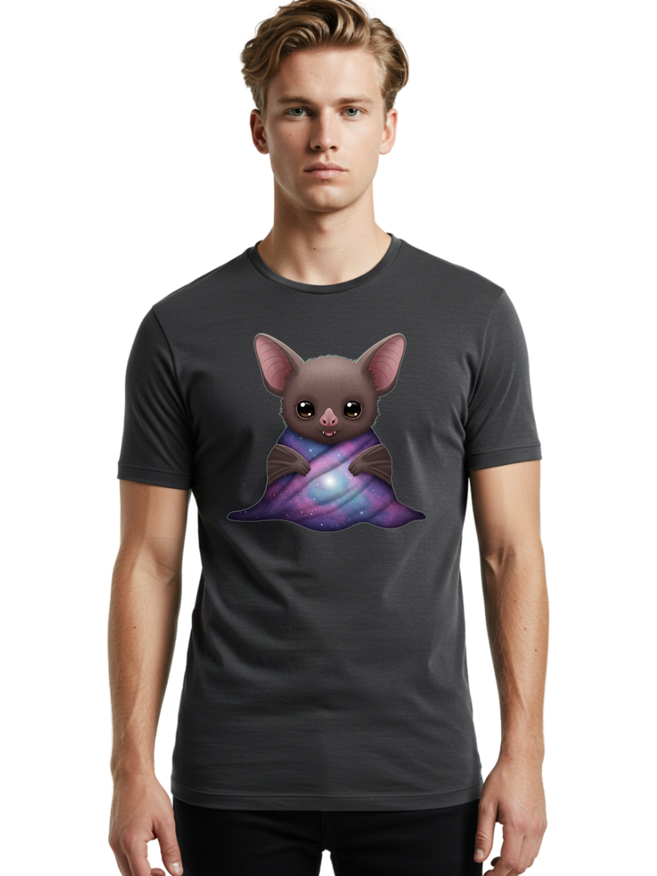 Bat-Wrapped-In-Galaxy-Blanket Men'S Graphic Tee, 100% Cotton, Comfortable Casual Summer Wear, Machine Washable, Vintage Camera, Old Camera, Antique Camera, Black Camera, Classic Photography, Photography Equipment, Nostalgic Device, Bal770