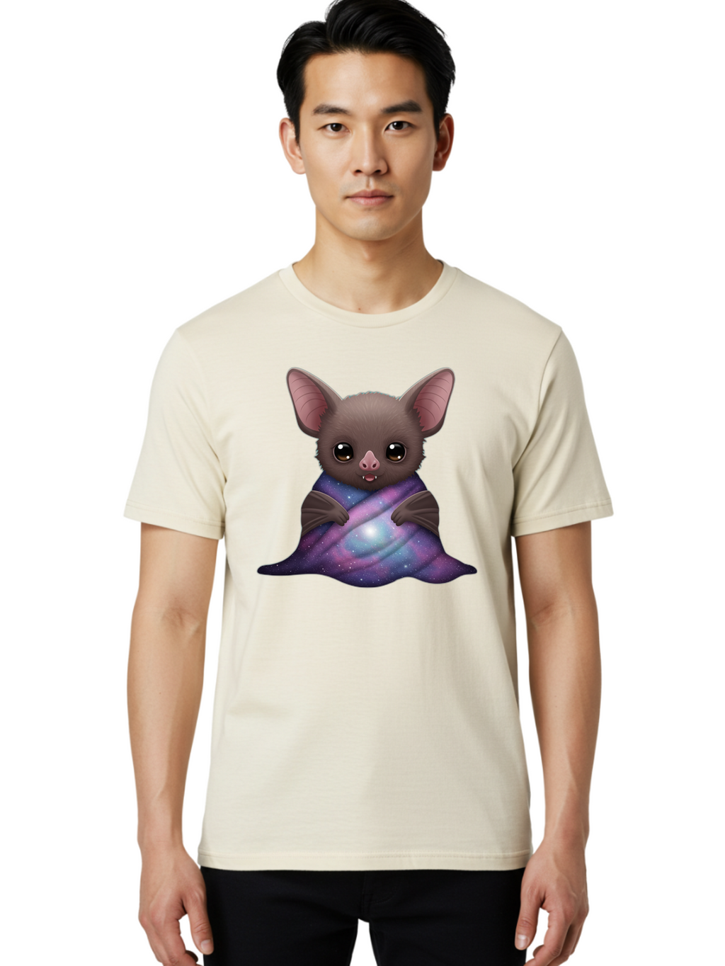 Bat-Wrapped-In-Galaxy-Blanket Men'S Graphic Tee, 100% Cotton, Comfortable Casual Summer Wear, Machine Washable, Vintage Camera, Old Camera, Antique Camera, Black Camera, Classic Photography, Photography Equipment, Nostalgic Device, Bal770