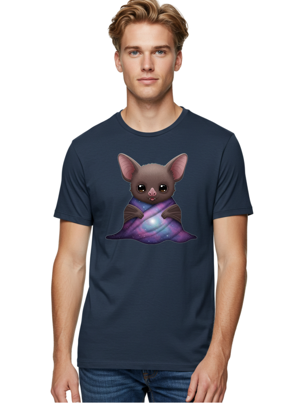 Bat-Wrapped-In-Galaxy-Blanket Men'S Graphic Tee, 100% Cotton, Comfortable Casual Summer Wear, Machine Washable, Vintage Camera, Old Camera, Antique Camera, Black Camera, Classic Photography, Photography Equipment, Nostalgic Device, Bal770