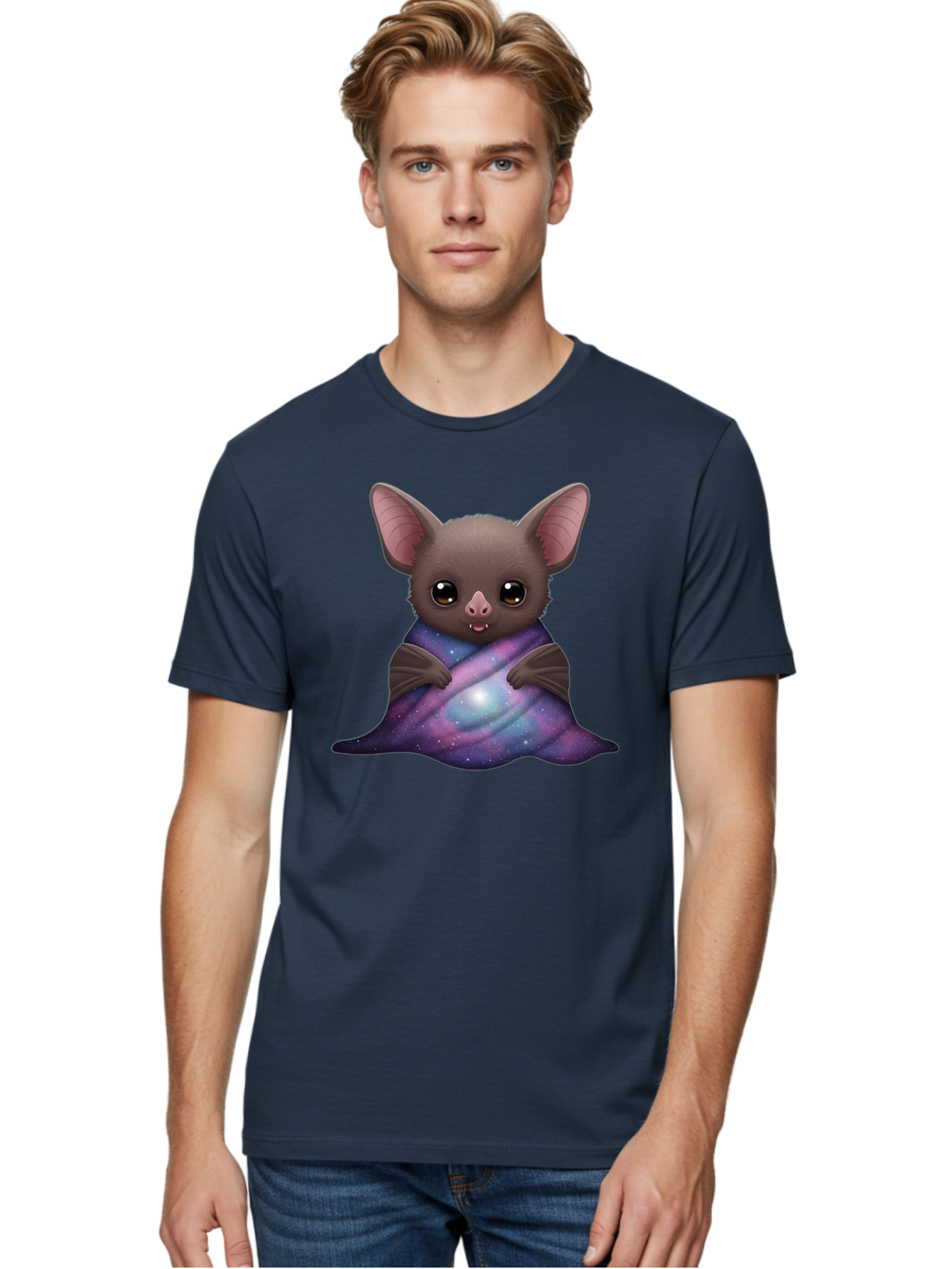Bat-Wrapped-In-Galaxy-Blanket Men'S Graphic Tee, 100% Cotton, Comfortable Casual Summer Wear, Machine Washable, Vintage Camera, Old Camera, Antique Camera, Black Camera, Classic Photography, Photography Equipment, Nostalgic Device, Bal770