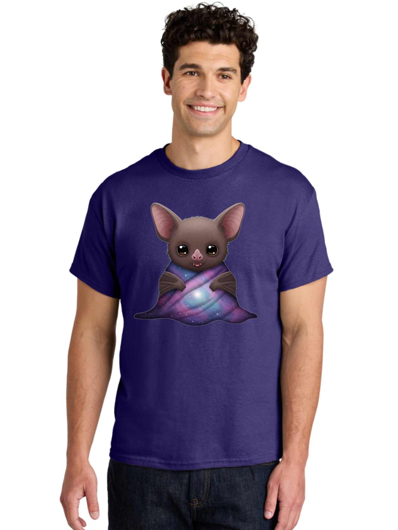 Bat-Wrapped-In-Galaxy-Blanket Men'S Graphic Tee, 100% Cotton, Comfortable Casual Summer Wear, Machine Washable, Vintage Camera, Old Camera, Antique Camera, Black Camera, Classic Photography, Photography Equipment, Nostalgic Device, Bal770
