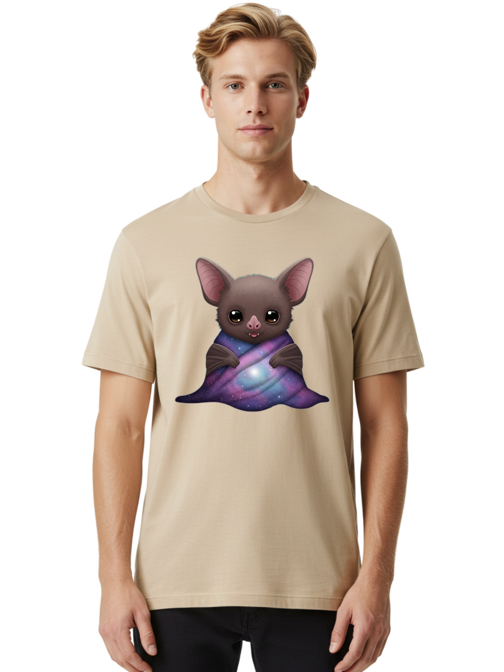 Bat-Wrapped-In-Galaxy-Blanket Men'S Graphic Tee, 100% Cotton, Comfortable Casual Summer Wear, Machine Washable, Vintage Camera, Old Camera, Antique Camera, Black Camera, Classic Photography, Photography Equipment, Nostalgic Device, Bal770