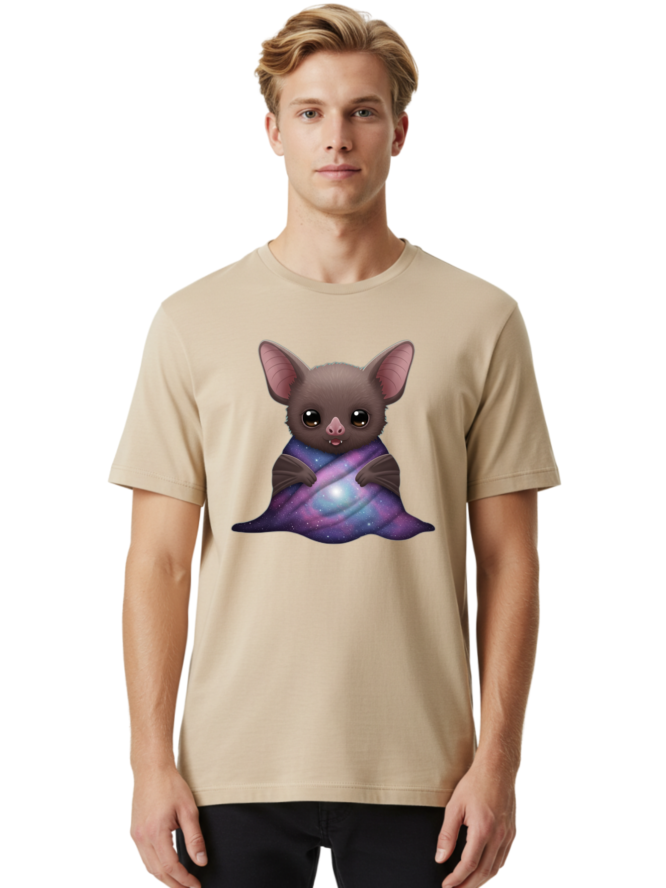 Bat-Wrapped-In-Galaxy-Blanket Men'S Graphic Tee, 100% Cotton, Comfortable Casual Summer Wear, Machine Washable, Vintage Camera, Old Camera, Antique Camera, Black Camera, Classic Photography, Photography Equipment, Nostalgic Device, Bal770