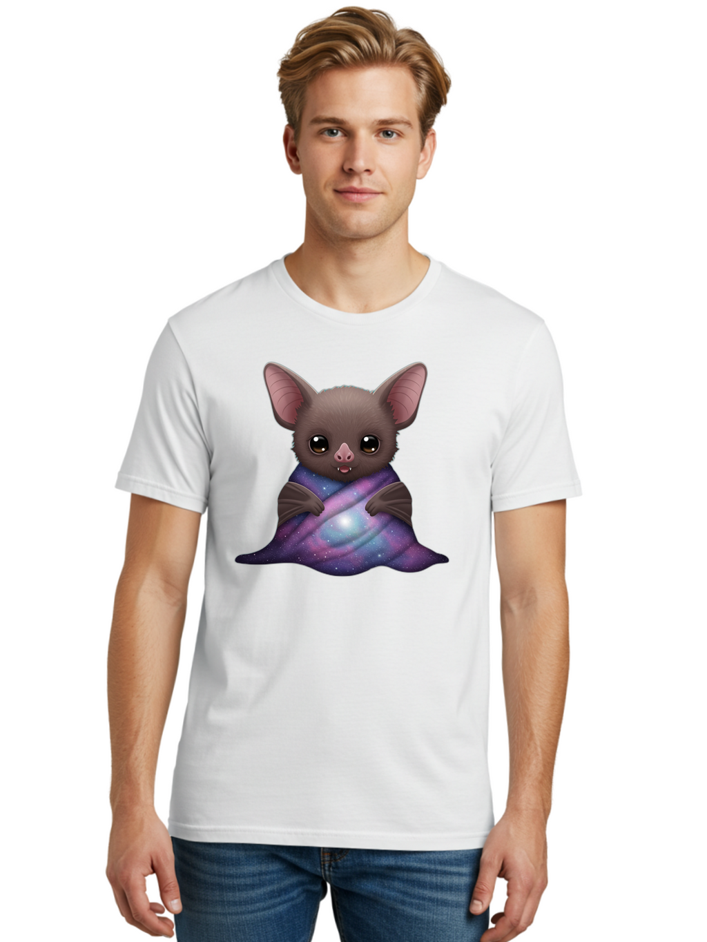 Bat-Wrapped-In-Galaxy-Blanket Men'S Graphic Tee, 100% Cotton, Comfortable Casual Summer Wear, Machine Washable, Vintage Camera, Old Camera, Antique Camera, Black Camera, Classic Photography, Photography Equipment, Nostalgic Device, Bal770
