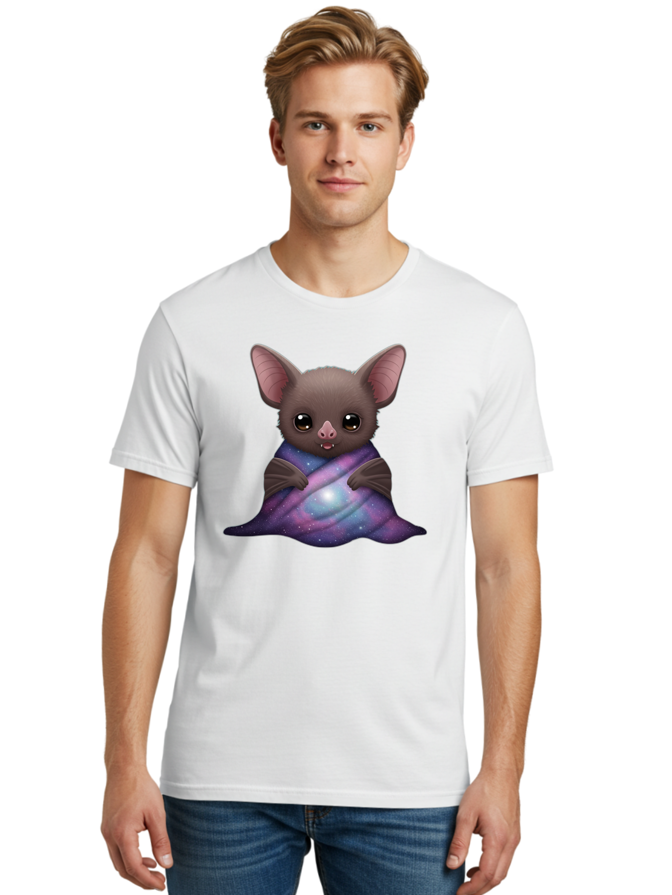 Bat-Wrapped-In-Galaxy-Blanket Men'S Graphic Tee, 100% Cotton, Comfortable Casual Summer Wear, Machine Washable, Vintage Camera, Old Camera, Antique Camera, Black Camera, Classic Photography, Photography Equipment, Nostalgic Device, Bal770