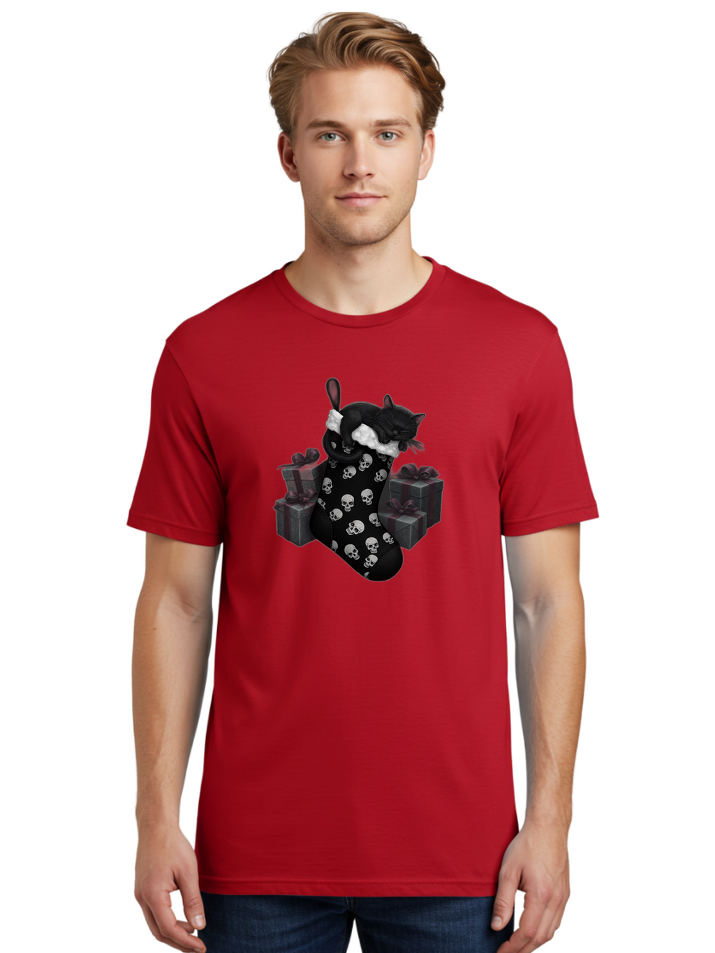Black-Cat-In-Christmas-Stocking Men'S Graphic Tee, 100% Cotton, Comfortable Casual Summer Wear, Machine Washable, Vintage Camera, Old Camera, Antique Camera, Black Camera, Classic Photography, Photography Equipment, Nostalgic Device, Bal803