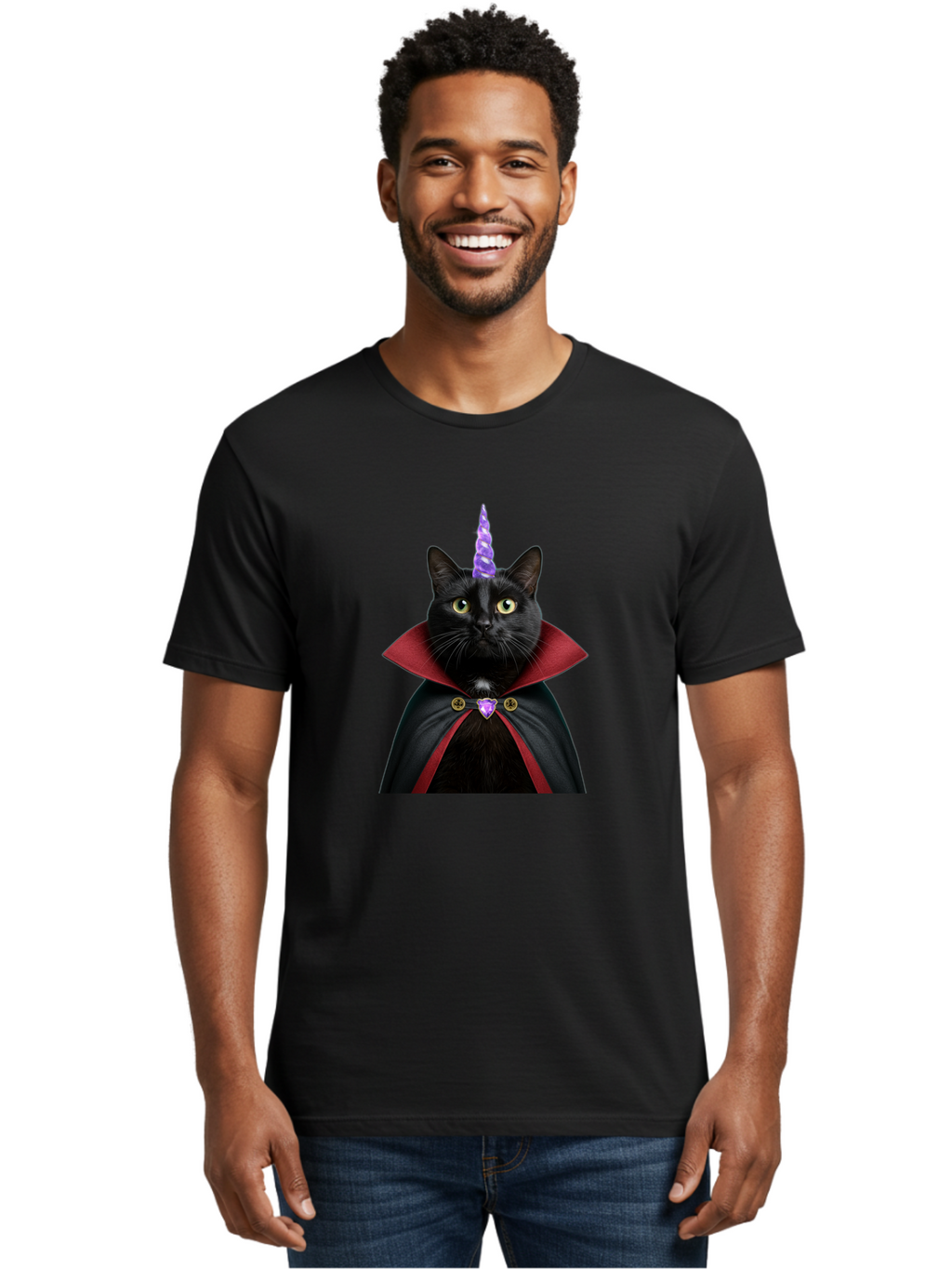 Black-Cat-Unicorn-1 Men'S Graphic Tee, 100% Cotton, Comfortable Casual Summer Wear, Machine Washable, Vintage Camera, Old Camera, Antique Camera, Black Camera, Classic Photography, Photography Equipment, Nostalgic Device, Film Camera, Bal806