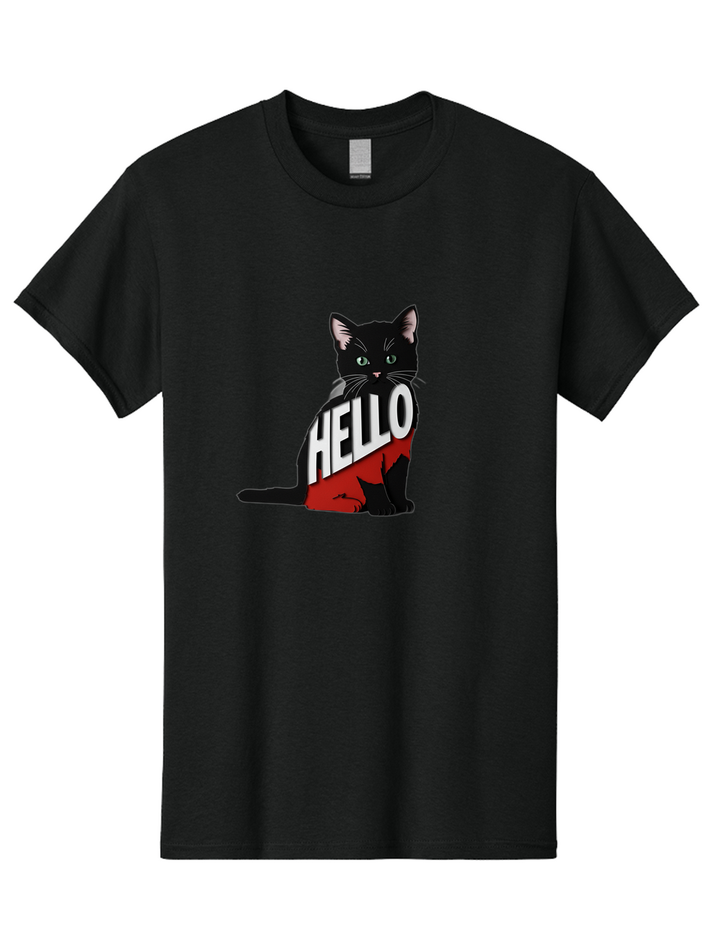 Black-Cat-With-Hello-Shirt Men'S Graphic Tee, 100% Cotton, Comfortable Casual Summer Wear, Machine Washable, Vintage Camera, Old Camera, Antique Camera, Black Camera, Classic Photography, Photography Equipment, Nostalgic Device, Film Camera, Bal811