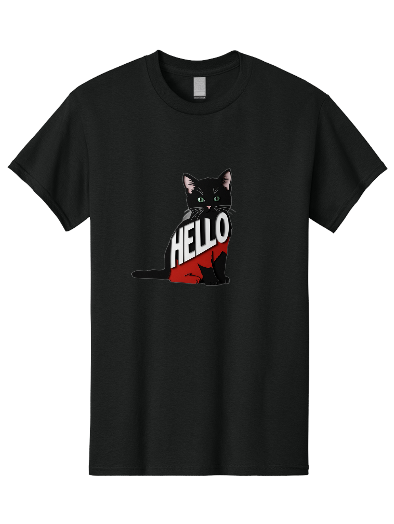 Black-Cat-With-Hello-Shirt Men'S Graphic Tee, 100% Cotton, Comfortable Casual Summer Wear, Machine Washable, Vintage Camera, Old Camera, Antique Camera, Black Camera, Classic Photography, Photography Equipment, Nostalgic Device, Film Camera, Bal811