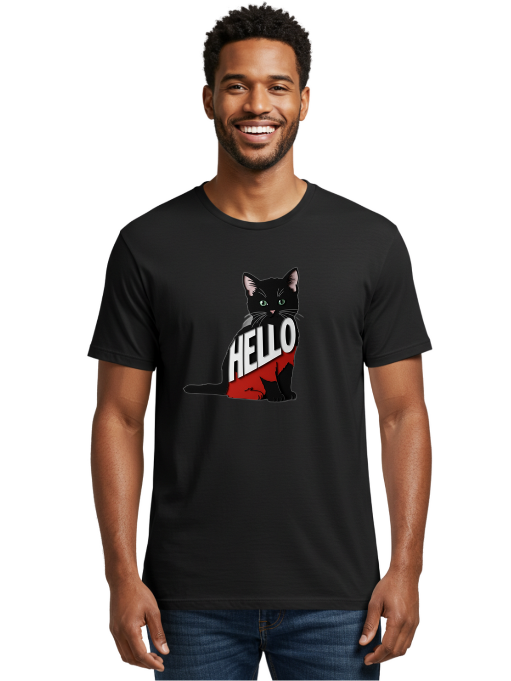Black-Cat-With-Hello-Shirt Men'S Graphic Tee, 100% Cotton, Comfortable Casual Summer Wear, Machine Washable, Vintage Camera, Old Camera, Antique Camera, Black Camera, Classic Photography, Photography Equipment, Nostalgic Device, Film Camera, Bal811