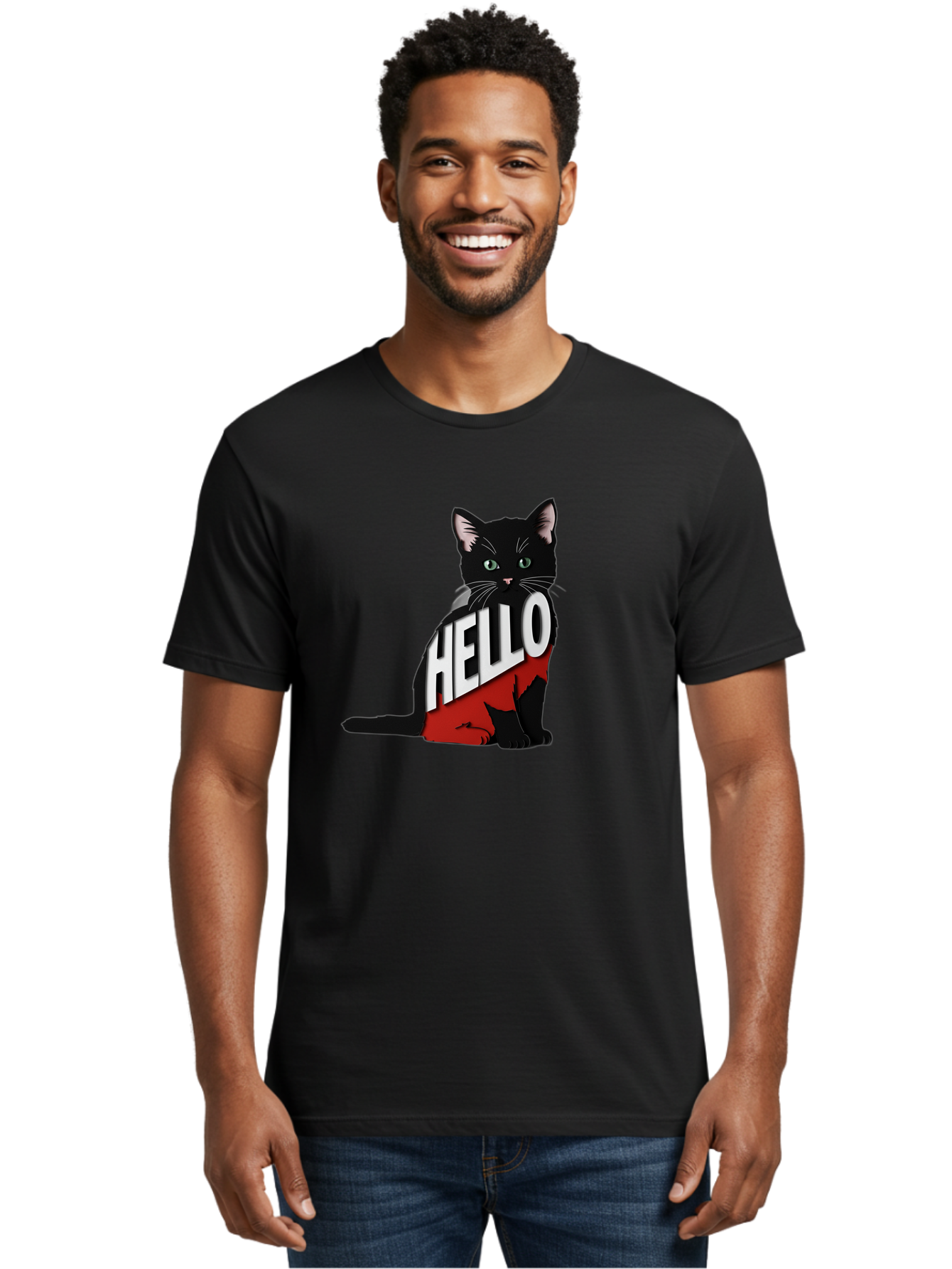 Black-Cat-With-Hello-Shirt Men'S Graphic Tee, 100% Cotton, Comfortable Casual Summer Wear, Machine Washable, Vintage Camera, Old Camera, Antique Camera, Black Camera, Classic Photography, Photography Equipment, Nostalgic Device, Film Camera, Bal811