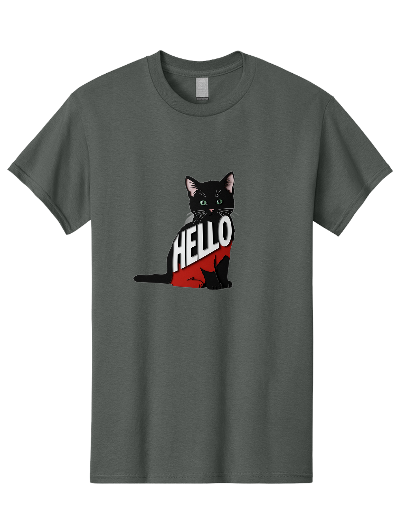 Black-Cat-With-Hello-Shirt Men'S Graphic Tee, 100% Cotton, Comfortable Casual Summer Wear, Machine Washable, Vintage Camera, Old Camera, Antique Camera, Black Camera, Classic Photography, Photography Equipment, Nostalgic Device, Film Camera, Bal811