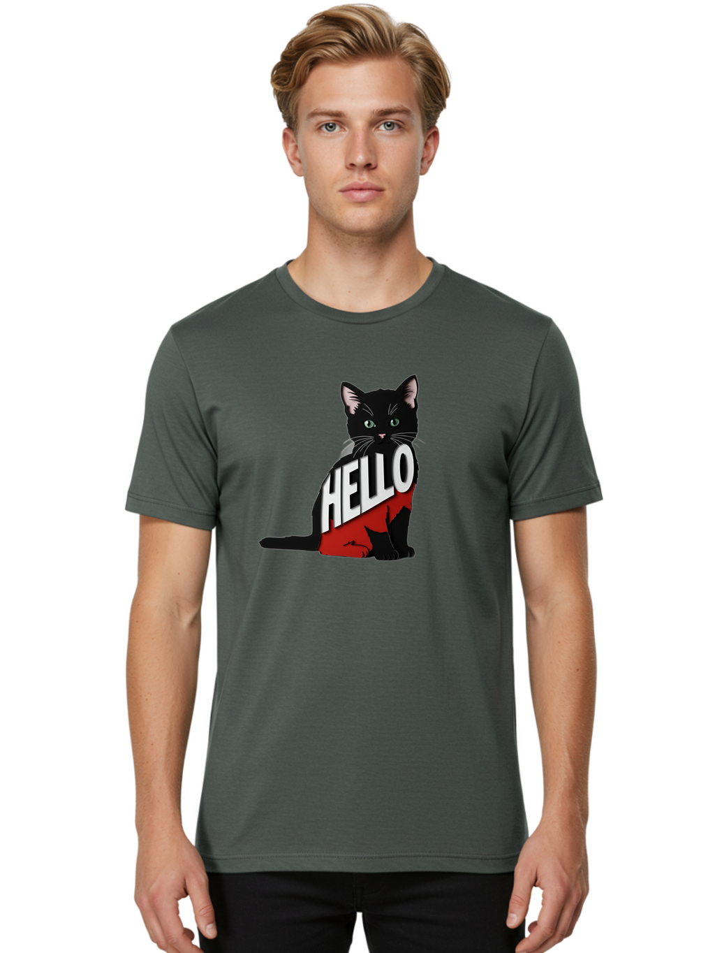 Black-Cat-With-Hello-Shirt Men'S Graphic Tee, 100% Cotton, Comfortable Casual Summer Wear, Machine Washable, Vintage Camera, Old Camera, Antique Camera, Black Camera, Classic Photography, Photography Equipment, Nostalgic Device, Film Camera, Bal811