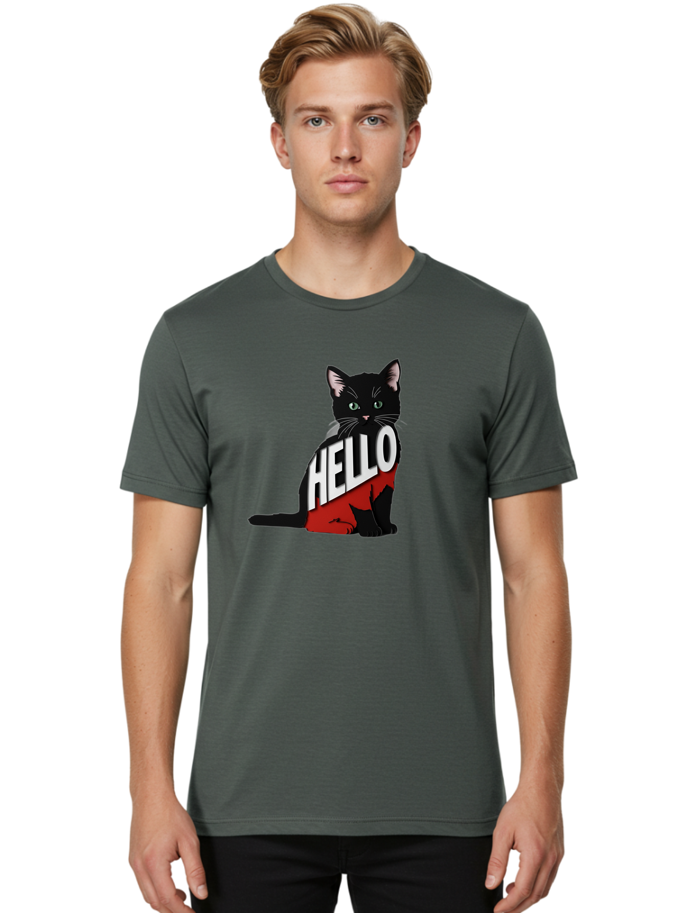 Black-Cat-With-Hello-Shirt Men'S Graphic Tee, 100% Cotton, Comfortable Casual Summer Wear, Machine Washable, Vintage Camera, Old Camera, Antique Camera, Black Camera, Classic Photography, Photography Equipment, Nostalgic Device, Film Camera, Bal811