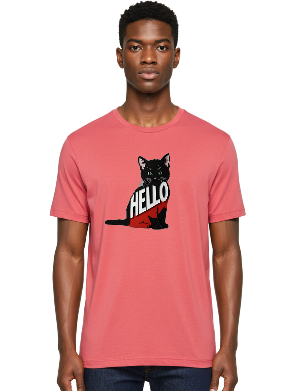 Black-Cat-With-Hello-Shirt Men'S Graphic Tee, 100% Cotton, Comfortable Casual Summer Wear, Machine Washable, Vintage Camera, Old Camera, Antique Camera, Black Camera, Classic Photography, Photography Equipment, Nostalgic Device, Film Camera, Bal811