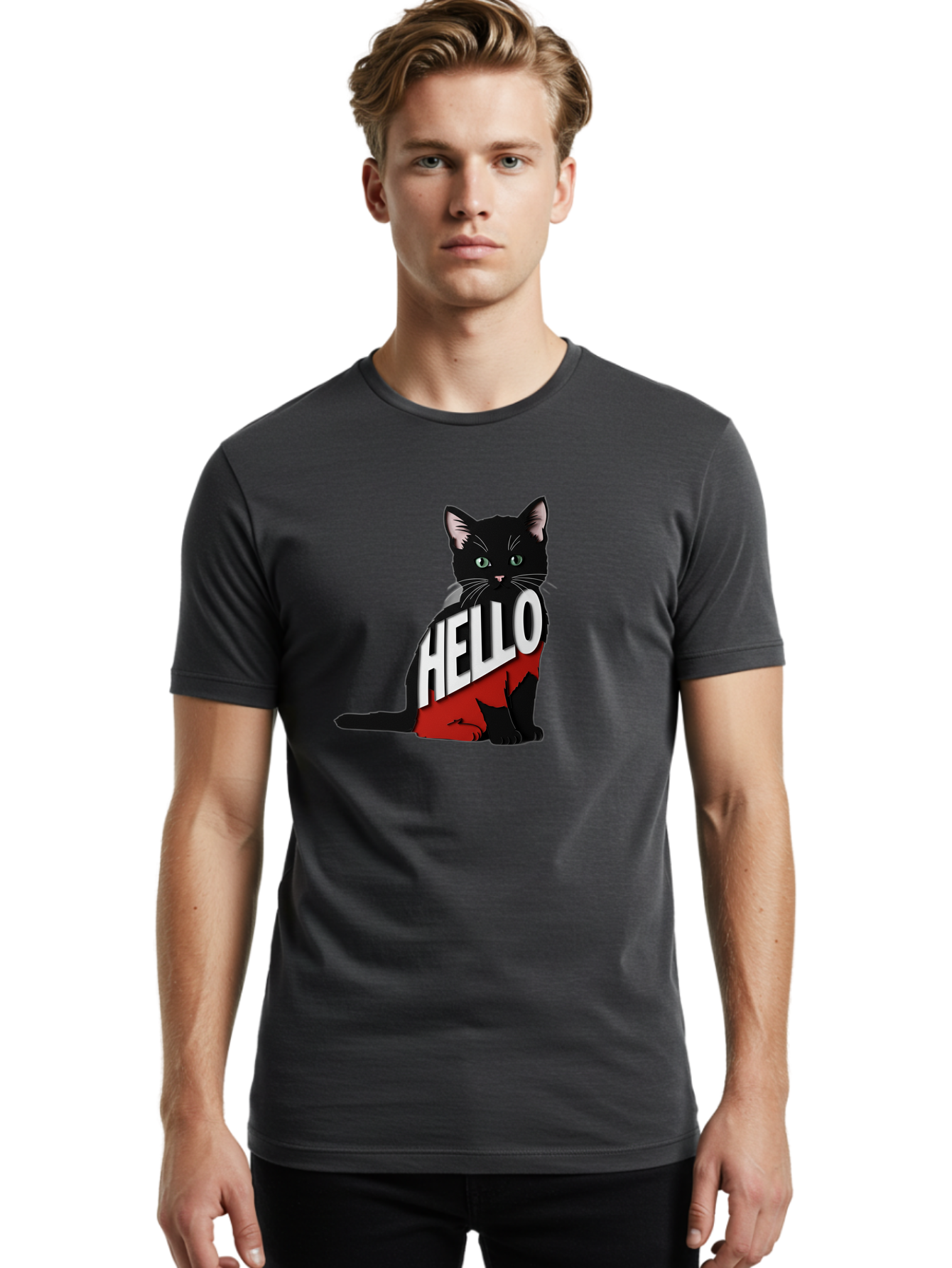 Black-Cat-With-Hello-Shirt Men'S Graphic Tee, 100% Cotton, Comfortable Casual Summer Wear, Machine Washable, Vintage Camera, Old Camera, Antique Camera, Black Camera, Classic Photography, Photography Equipment, Nostalgic Device, Film Camera, Bal811