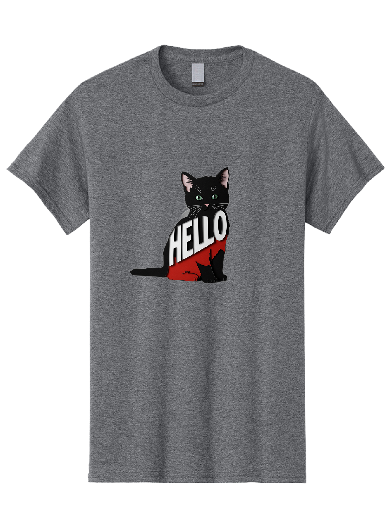 Black-Cat-With-Hello-Shirt Men'S Graphic Tee, 100% Cotton, Comfortable Casual Summer Wear, Machine Washable, Vintage Camera, Old Camera, Antique Camera, Black Camera, Classic Photography, Photography Equipment, Nostalgic Device, Film Camera, Bal811