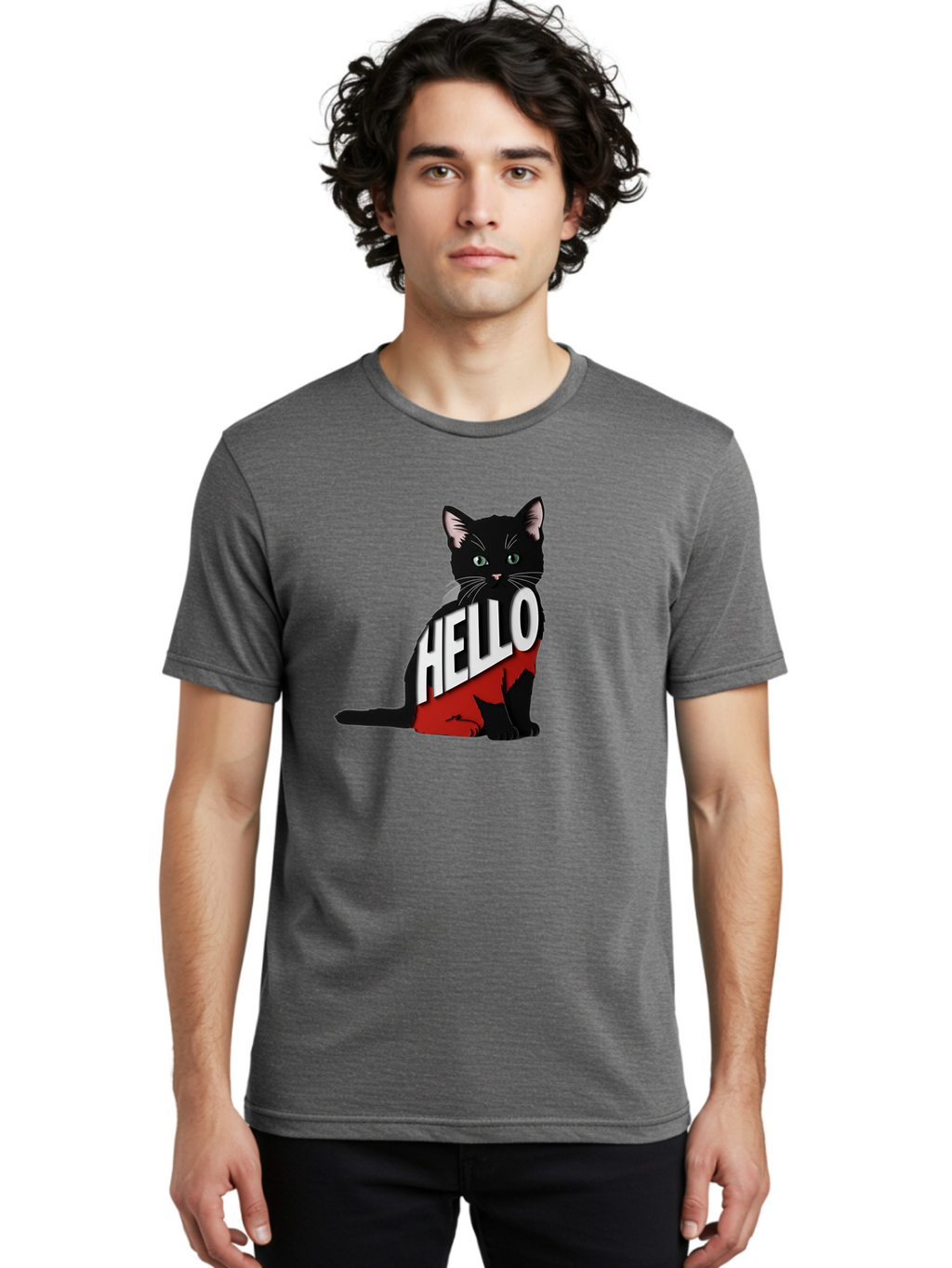 Black-Cat-With-Hello-Shirt Men'S Graphic Tee, 100% Cotton, Comfortable Casual Summer Wear, Machine Washable, Vintage Camera, Old Camera, Antique Camera, Black Camera, Classic Photography, Photography Equipment, Nostalgic Device, Film Camera, Bal811