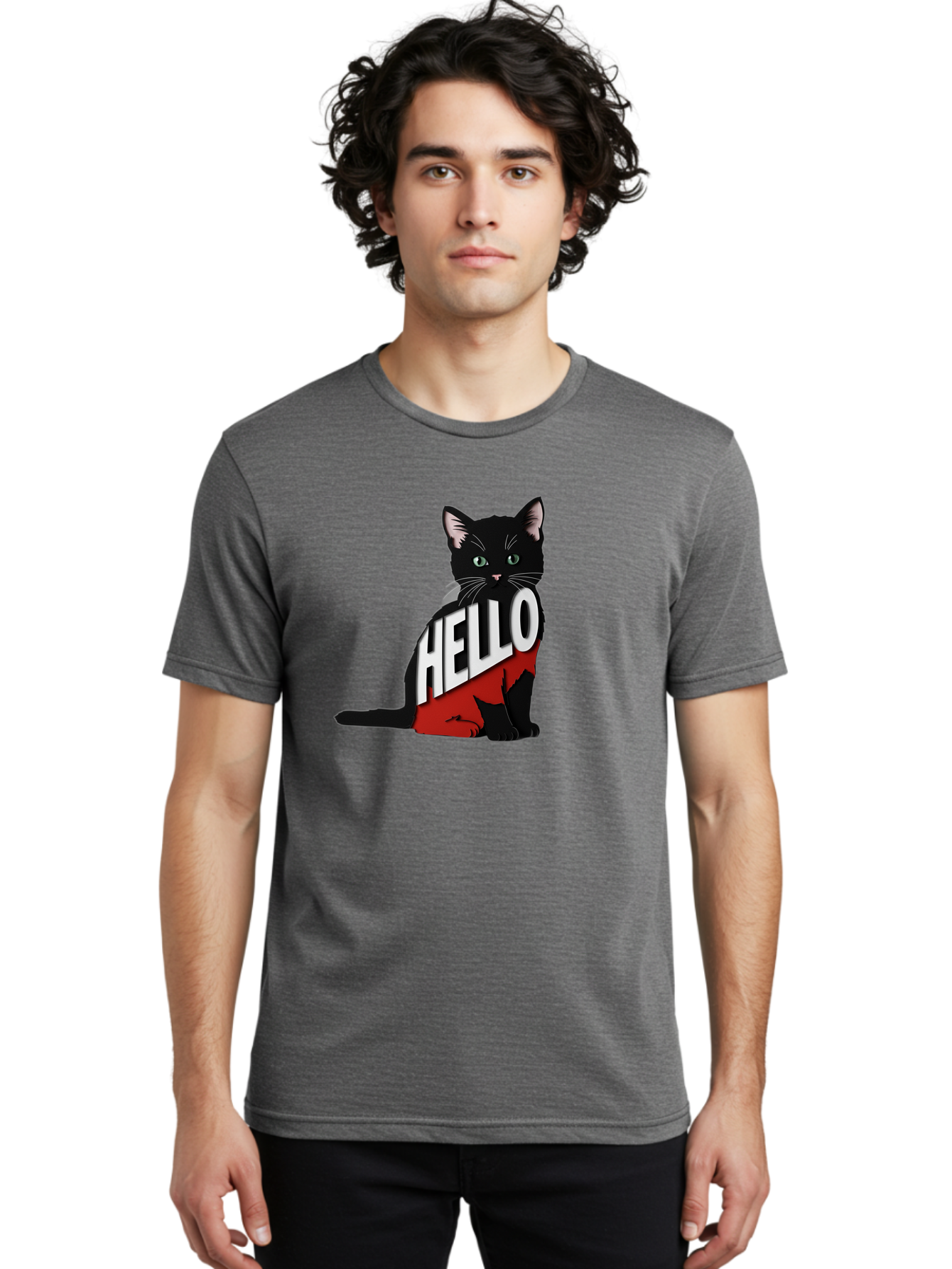 Black-Cat-With-Hello-Shirt Men'S Graphic Tee, 100% Cotton, Comfortable Casual Summer Wear, Machine Washable, Vintage Camera, Old Camera, Antique Camera, Black Camera, Classic Photography, Photography Equipment, Nostalgic Device, Film Camera, Bal811