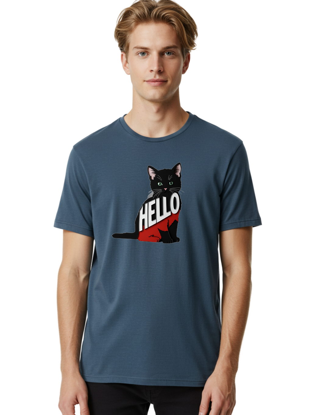 Black-Cat-With-Hello-Shirt Men'S Graphic Tee, 100% Cotton, Comfortable Casual Summer Wear, Machine Washable, Vintage Camera, Old Camera, Antique Camera, Black Camera, Classic Photography, Photography Equipment, Nostalgic Device, Film Camera, Bal811