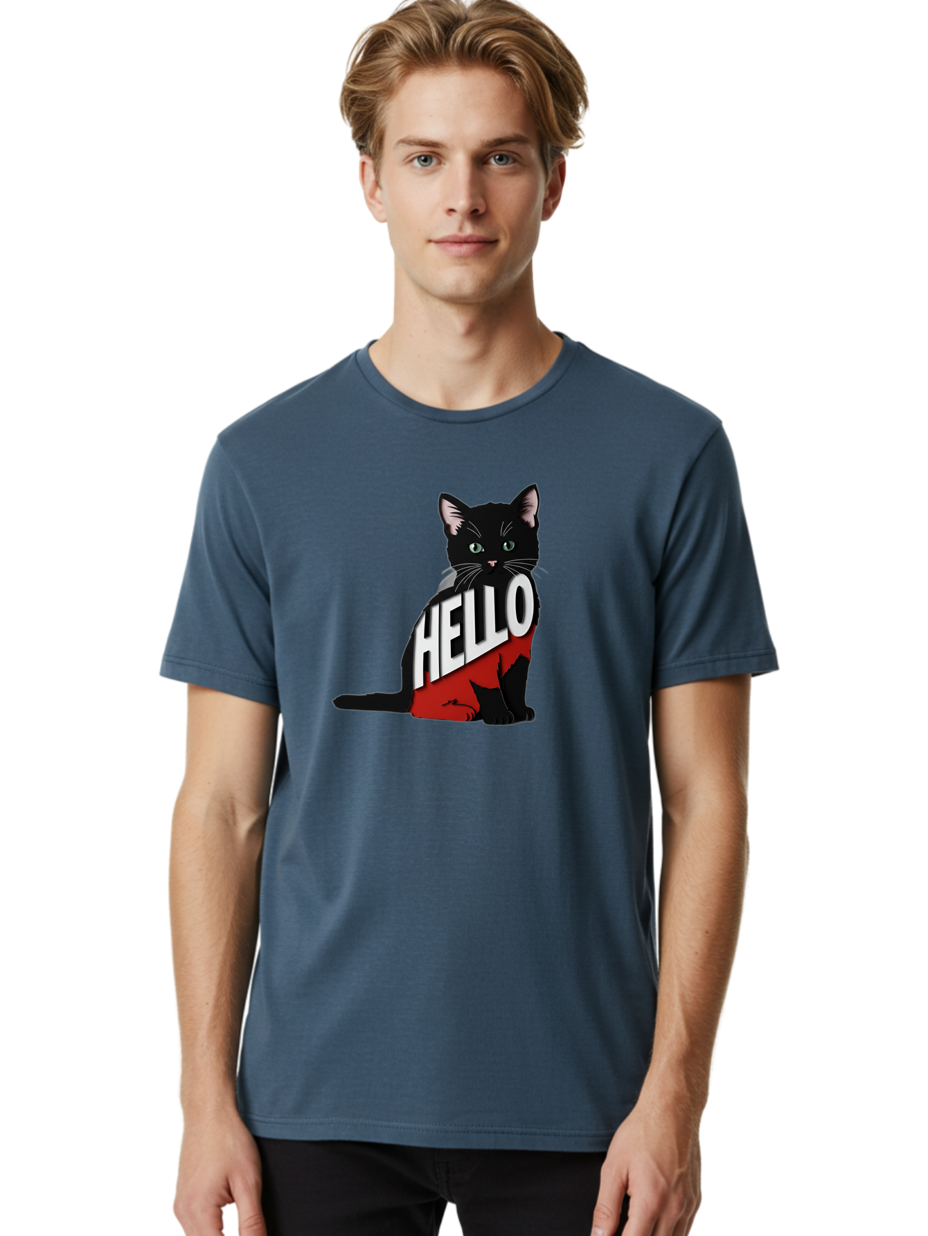 Black-Cat-With-Hello-Shirt Men'S Graphic Tee, 100% Cotton, Comfortable Casual Summer Wear, Machine Washable, Vintage Camera, Old Camera, Antique Camera, Black Camera, Classic Photography, Photography Equipment, Nostalgic Device, Film Camera, Bal811