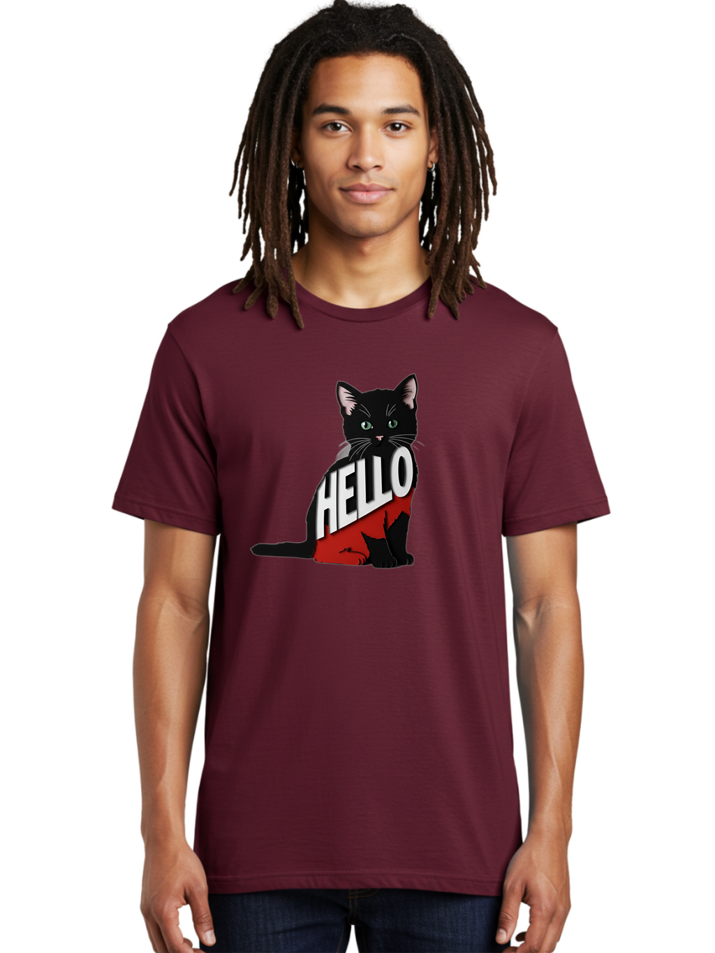Black-Cat-With-Hello-Shirt Men'S Graphic Tee, 100% Cotton, Comfortable Casual Summer Wear, Machine Washable, Vintage Camera, Old Camera, Antique Camera, Black Camera, Classic Photography, Photography Equipment, Nostalgic Device, Film Camera, Bal811