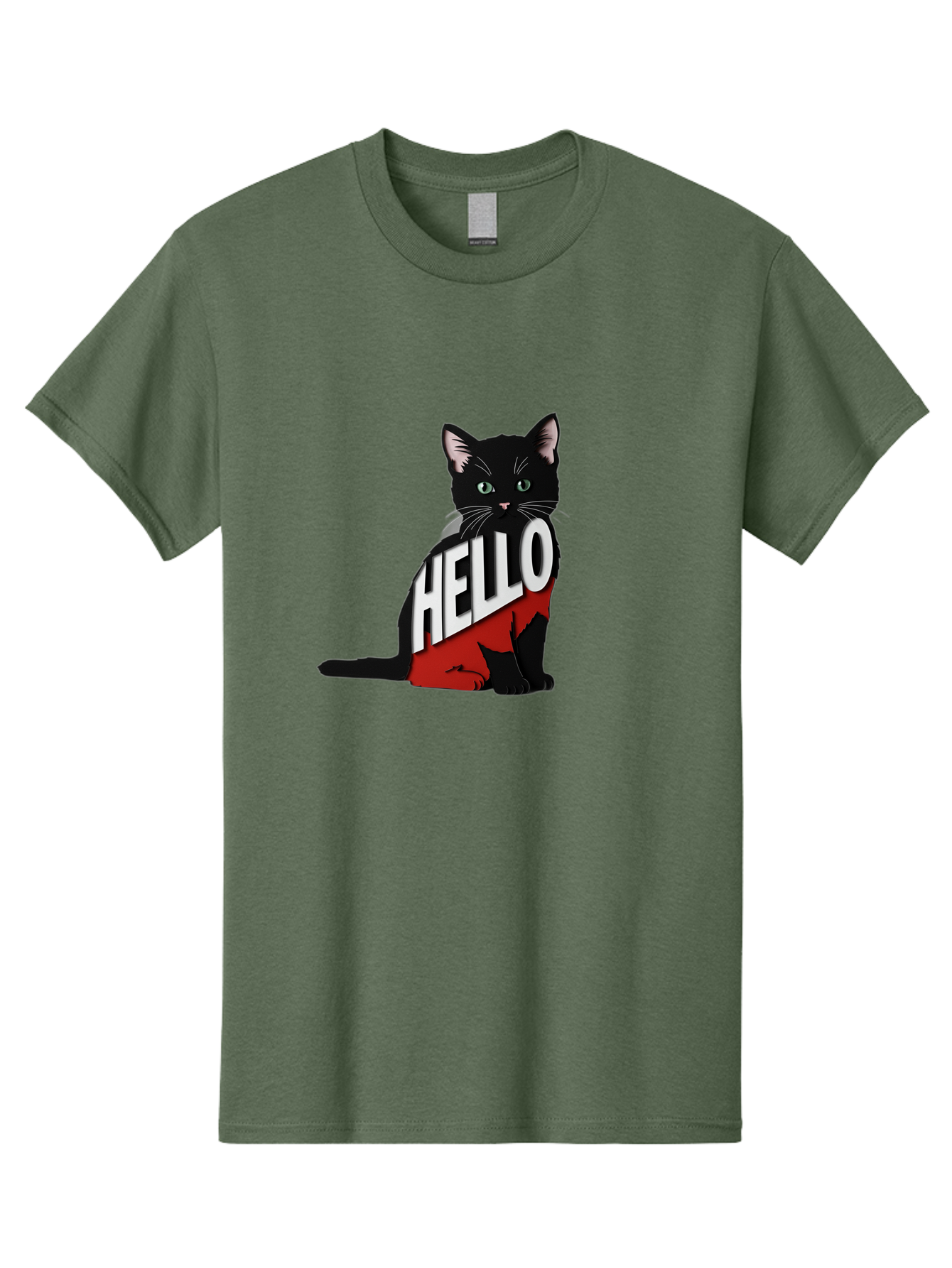 Black-Cat-With-Hello-Shirt Men'S Graphic Tee, 100% Cotton, Comfortable Casual Summer Wear, Machine Washable, Vintage Camera, Old Camera, Antique Camera, Black Camera, Classic Photography, Photography Equipment, Nostalgic Device, Film Camera, Bal811