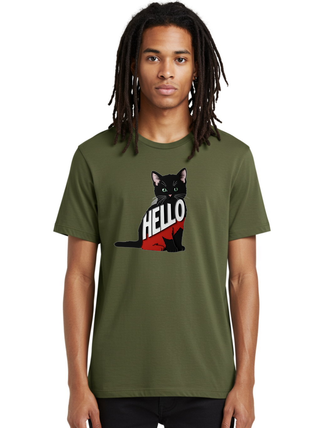 Black-Cat-With-Hello-Shirt Men'S Graphic Tee, 100% Cotton, Comfortable Casual Summer Wear, Machine Washable, Vintage Camera, Old Camera, Antique Camera, Black Camera, Classic Photography, Photography Equipment, Nostalgic Device, Film Camera, Bal811
