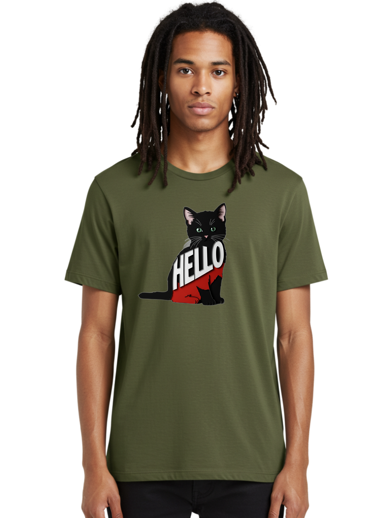 Black-Cat-With-Hello-Shirt Men'S Graphic Tee, 100% Cotton, Comfortable Casual Summer Wear, Machine Washable, Vintage Camera, Old Camera, Antique Camera, Black Camera, Classic Photography, Photography Equipment, Nostalgic Device, Film Camera, Bal811