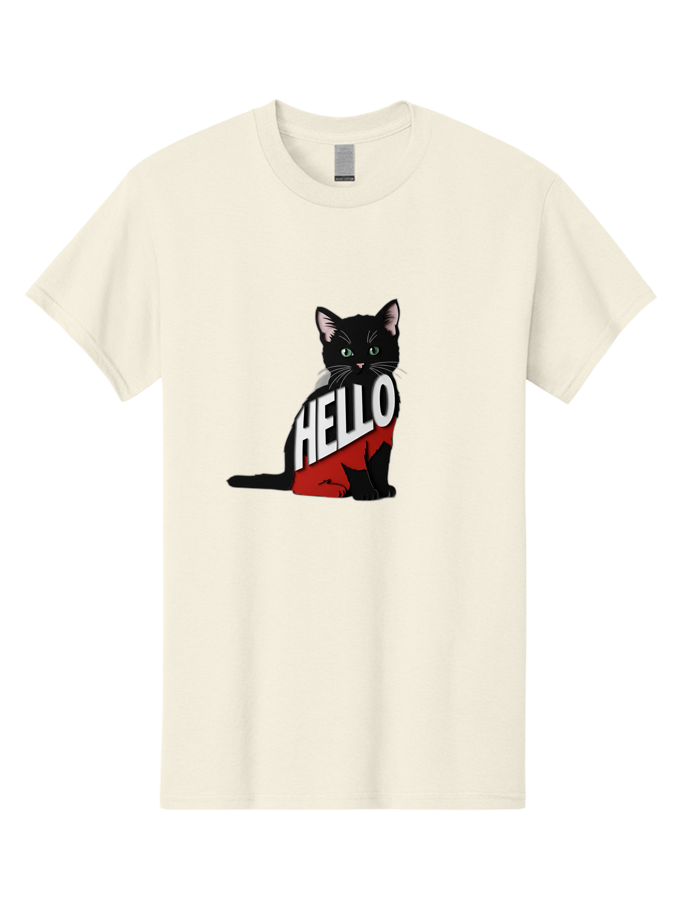 Black-Cat-With-Hello-Shirt Men'S Graphic Tee, 100% Cotton, Comfortable Casual Summer Wear, Machine Washable, Vintage Camera, Old Camera, Antique Camera, Black Camera, Classic Photography, Photography Equipment, Nostalgic Device, Film Camera, Bal811