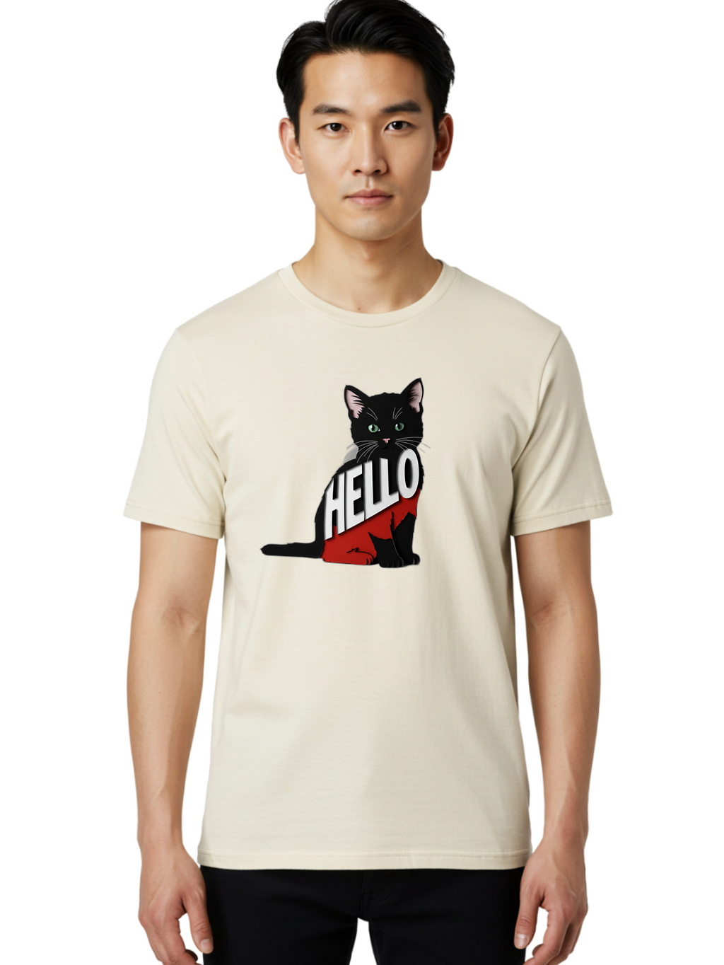 Black-Cat-With-Hello-Shirt Men'S Graphic Tee, 100% Cotton, Comfortable Casual Summer Wear, Machine Washable, Vintage Camera, Old Camera, Antique Camera, Black Camera, Classic Photography, Photography Equipment, Nostalgic Device, Film Camera, Bal811