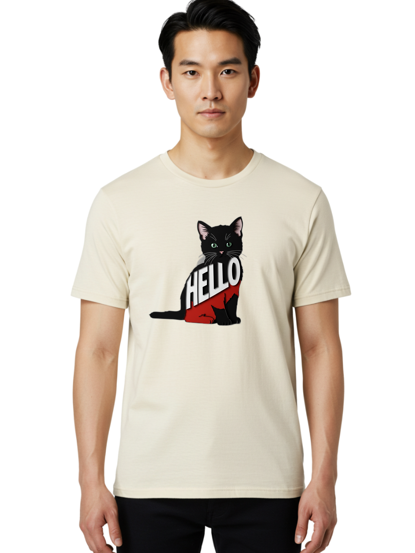 Black-Cat-With-Hello-Shirt Men'S Graphic Tee, 100% Cotton, Comfortable Casual Summer Wear, Machine Washable, Vintage Camera, Old Camera, Antique Camera, Black Camera, Classic Photography, Photography Equipment, Nostalgic Device, Film Camera, Bal811