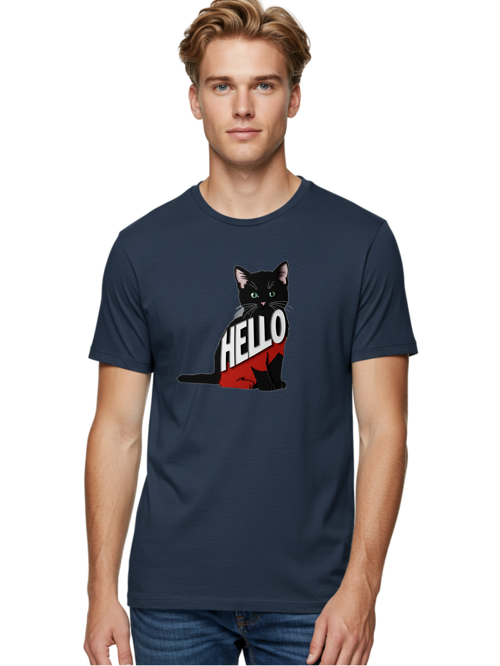 Black-Cat-With-Hello-Shirt Men'S Graphic Tee, 100% Cotton, Comfortable Casual Summer Wear, Machine Washable, Vintage Camera, Old Camera, Antique Camera, Black Camera, Classic Photography, Photography Equipment, Nostalgic Device, Film Camera, Bal811