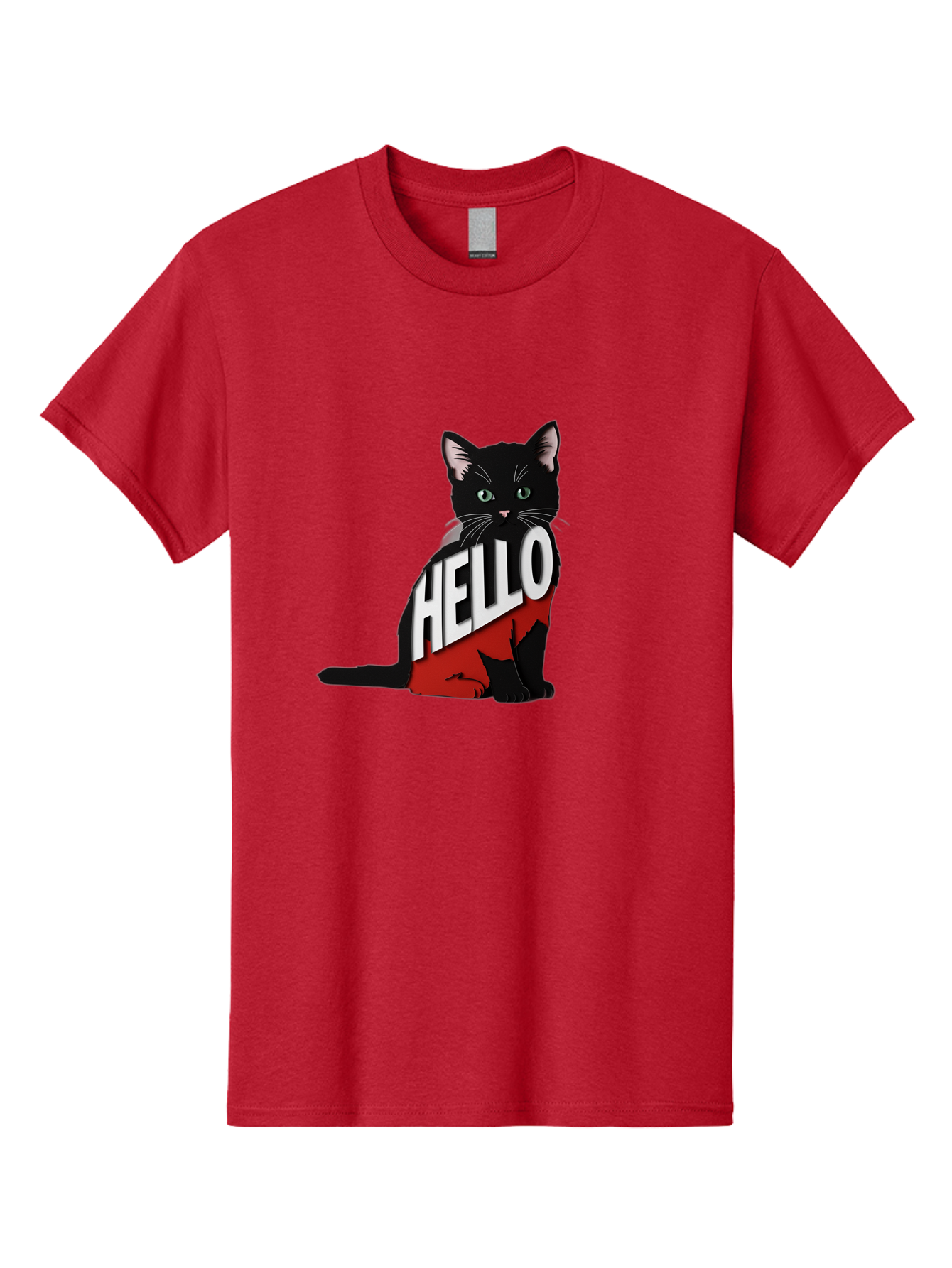 Black-Cat-With-Hello-Shirt Men'S Graphic Tee, 100% Cotton, Comfortable Casual Summer Wear, Machine Washable, Vintage Camera, Old Camera, Antique Camera, Black Camera, Classic Photography, Photography Equipment, Nostalgic Device, Film Camera, Bal811