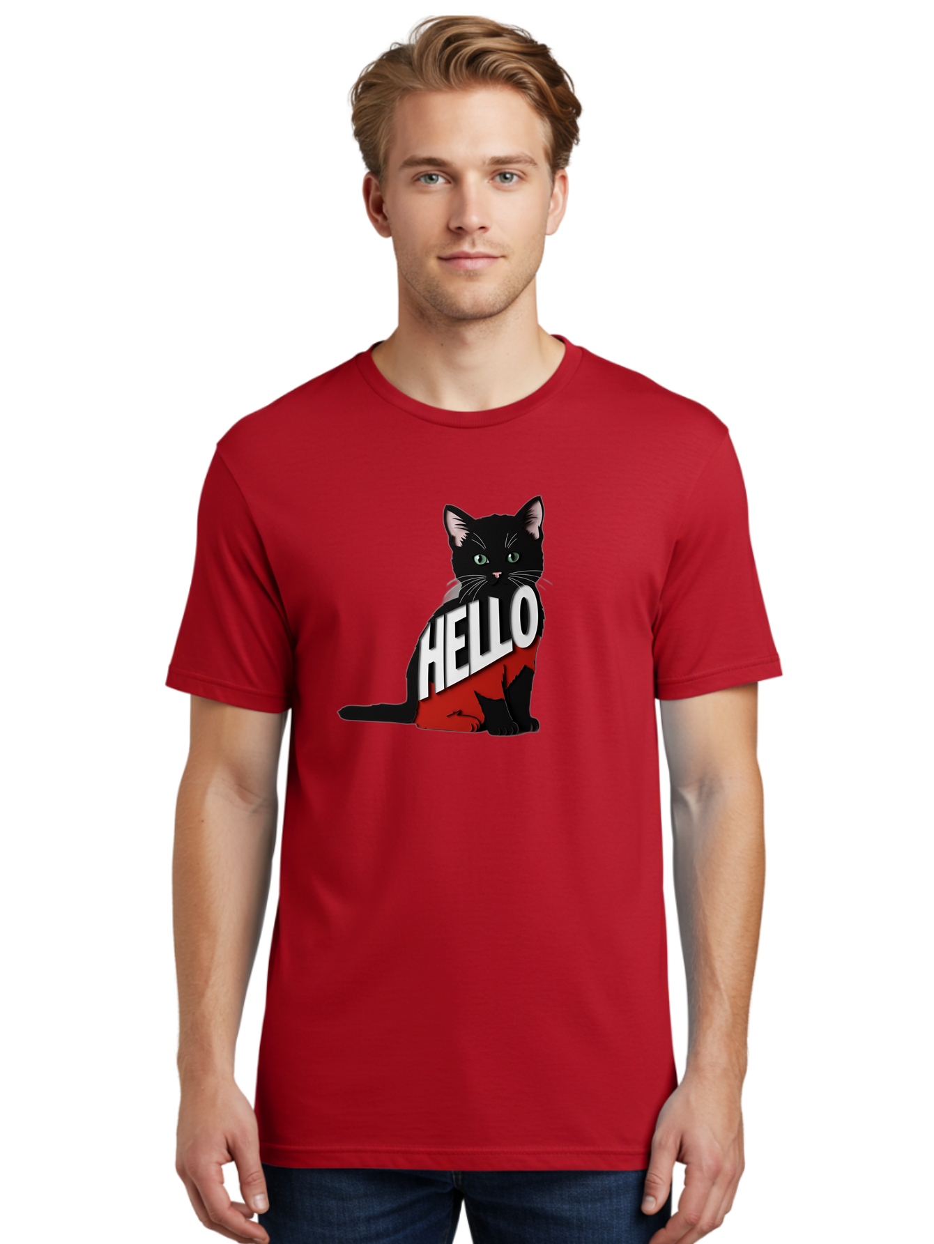 Black-Cat-With-Hello-Shirt Men'S Graphic Tee, 100% Cotton, Comfortable Casual Summer Wear, Machine Washable, Vintage Camera, Old Camera, Antique Camera, Black Camera, Classic Photography, Photography Equipment, Nostalgic Device, Film Camera, Bal811