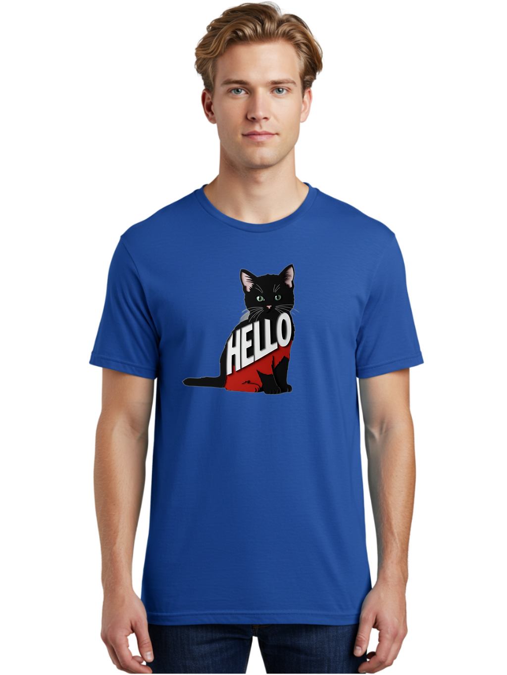 Black-Cat-With-Hello-Shirt Men'S Graphic Tee, 100% Cotton, Comfortable Casual Summer Wear, Machine Washable, Vintage Camera, Old Camera, Antique Camera, Black Camera, Classic Photography, Photography Equipment, Nostalgic Device, Film Camera, Bal811