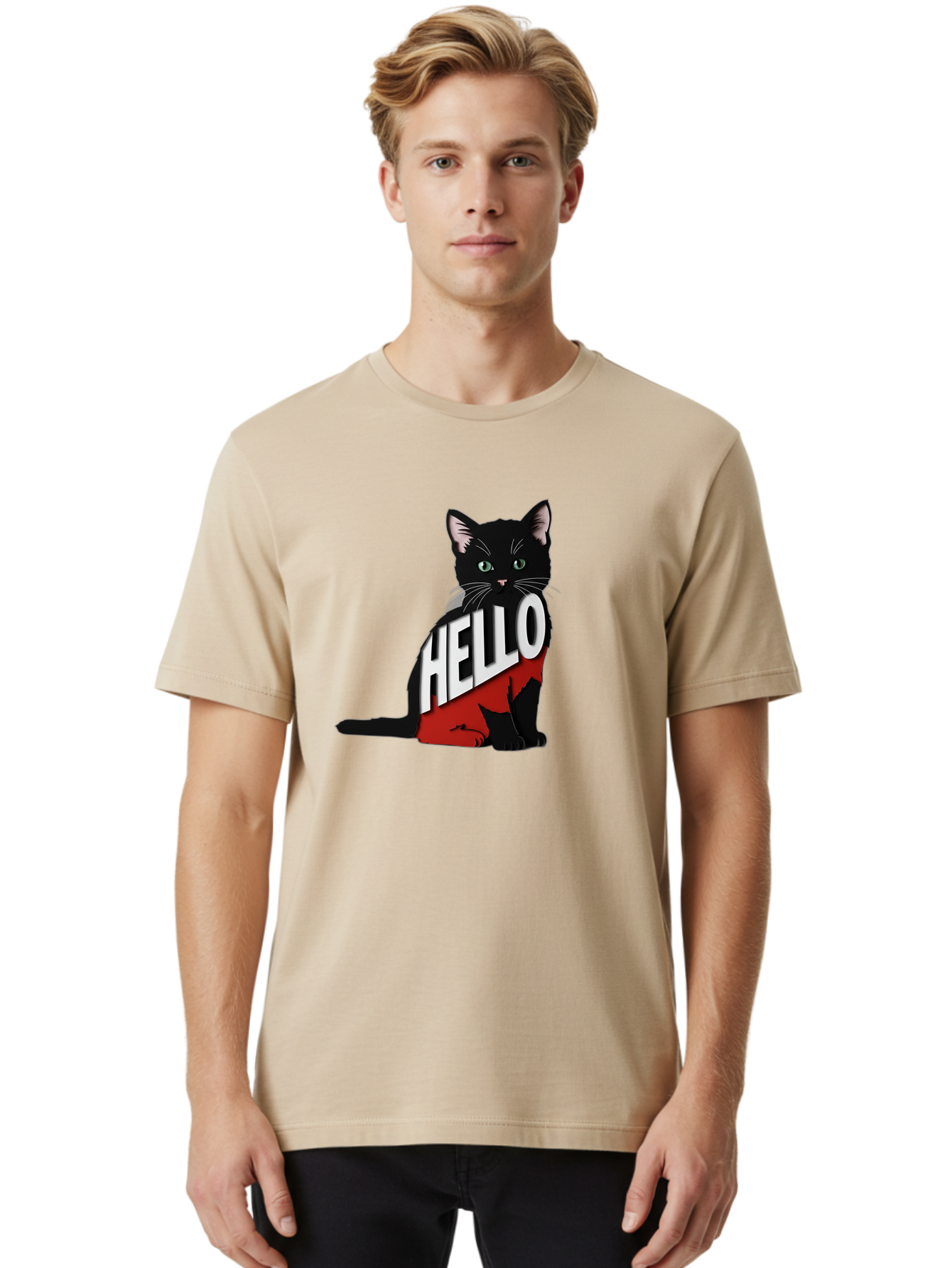 Black-Cat-With-Hello-Shirt Men'S Graphic Tee, 100% Cotton, Comfortable Casual Summer Wear, Machine Washable, Vintage Camera, Old Camera, Antique Camera, Black Camera, Classic Photography, Photography Equipment, Nostalgic Device, Film Camera, Bal811
