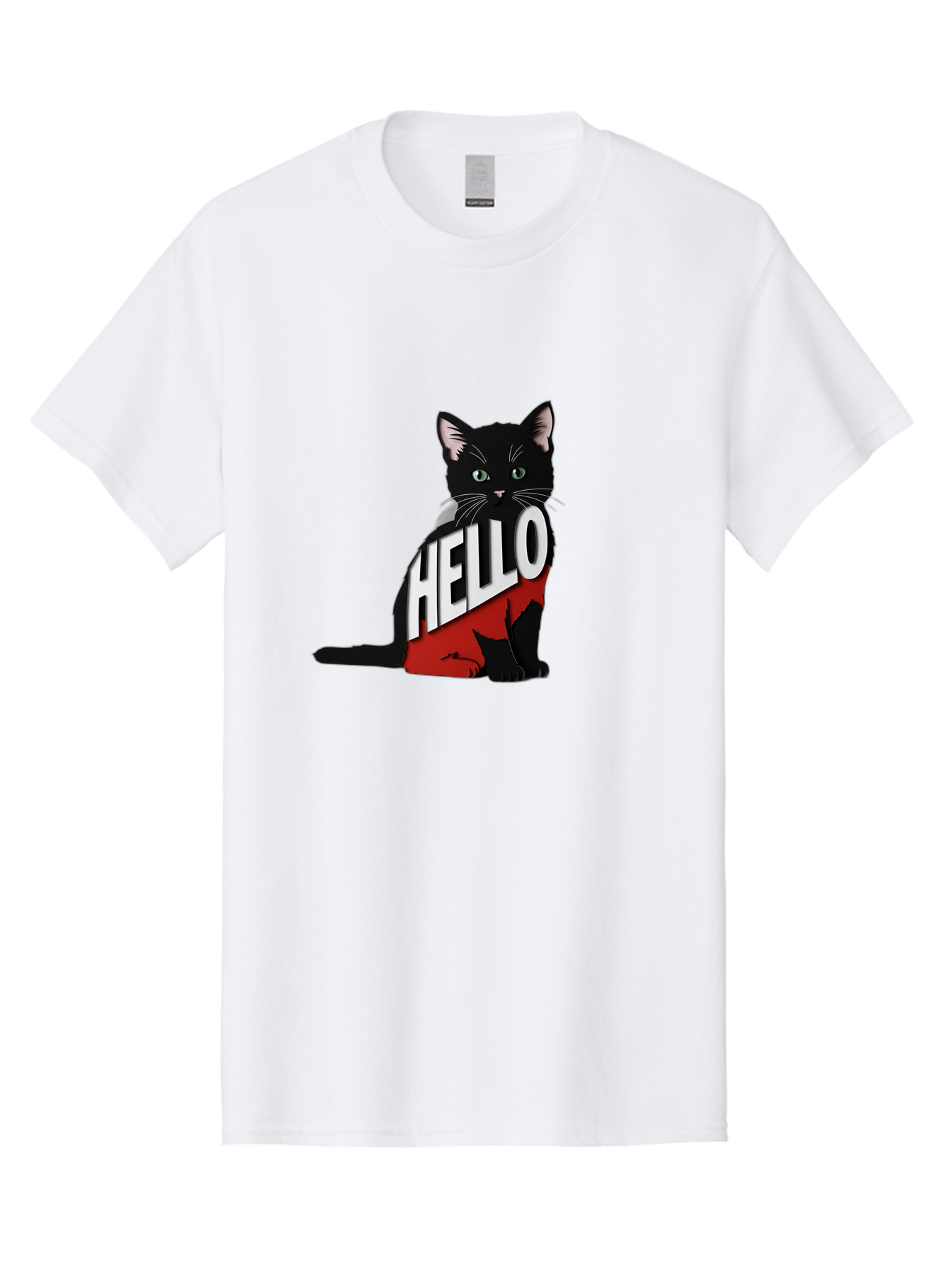 Black-Cat-With-Hello-Shirt Men'S Graphic Tee, 100% Cotton, Comfortable Casual Summer Wear, Machine Washable, Vintage Camera, Old Camera, Antique Camera, Black Camera, Classic Photography, Photography Equipment, Nostalgic Device, Film Camera, Bal811