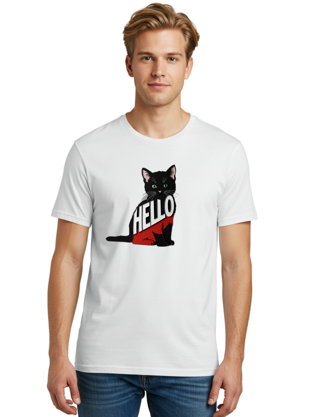 Black-Cat-With-Hello-Shirt Men'S Graphic Tee, 100% Cotton, Comfortable Casual Summer Wear, Machine Washable, Vintage Camera, Old Camera, Antique Camera, Black Camera, Classic Photography, Photography Equipment, Nostalgic Device, Film Camera, Bal811