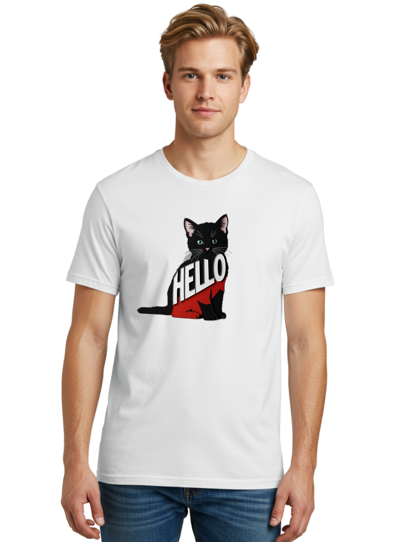 Black-Cat-With-Hello-Shirt Men'S Graphic Tee, 100% Cotton, Comfortable Casual Summer Wear, Machine Washable, Vintage Camera, Old Camera, Antique Camera, Black Camera, Classic Photography, Photography Equipment, Nostalgic Device, Film Camera, Bal811