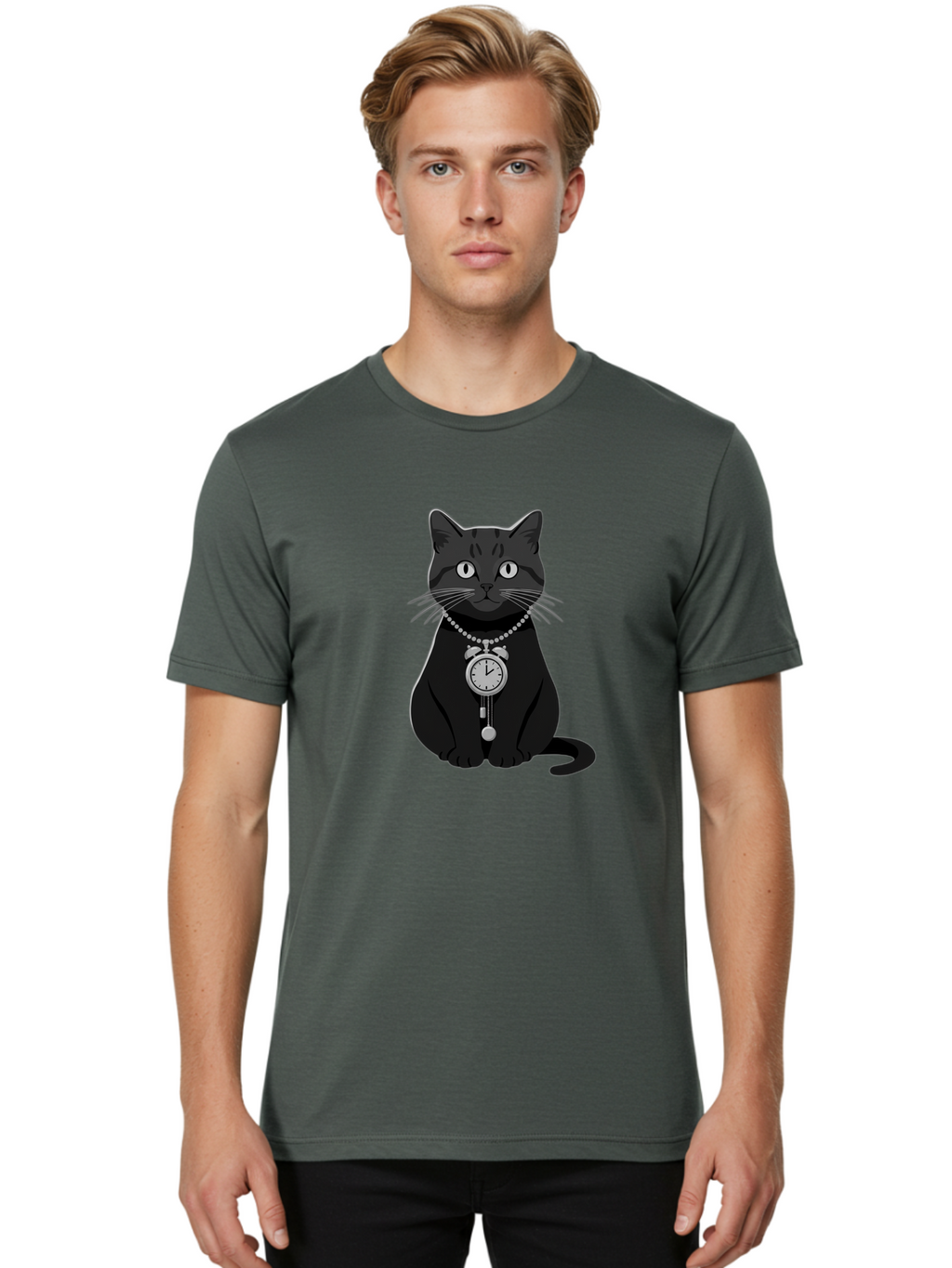 Black-Cat-With-Pocket-Watch Men'S Graphic Tee, 100% Cotton, Comfortable Casual Summer Wear, Machine Washable, Vintage Camera, Old Camera, Antique Camera, Black Camera, Classic Photography, Photography Equipment, Nostalgic Device, Film Camera, Bal812