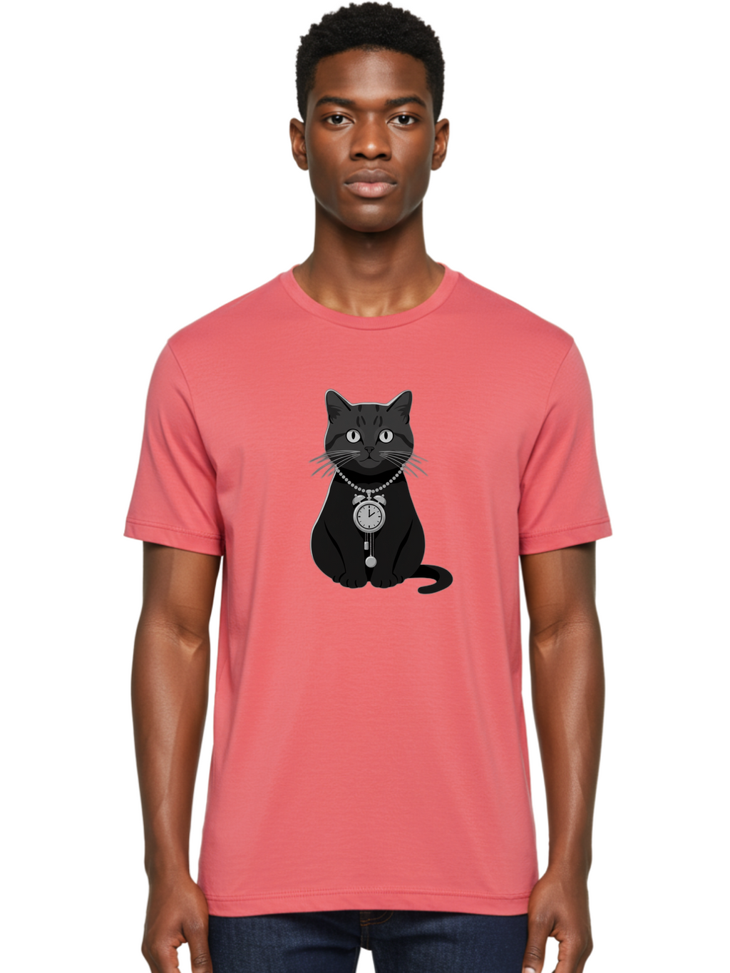 Black-Cat-With-Pocket-Watch Men'S Graphic Tee, 100% Cotton, Comfortable Casual Summer Wear, Machine Washable, Vintage Camera, Old Camera, Antique Camera, Black Camera, Classic Photography, Photography Equipment, Nostalgic Device, Film Camera, Bal812
