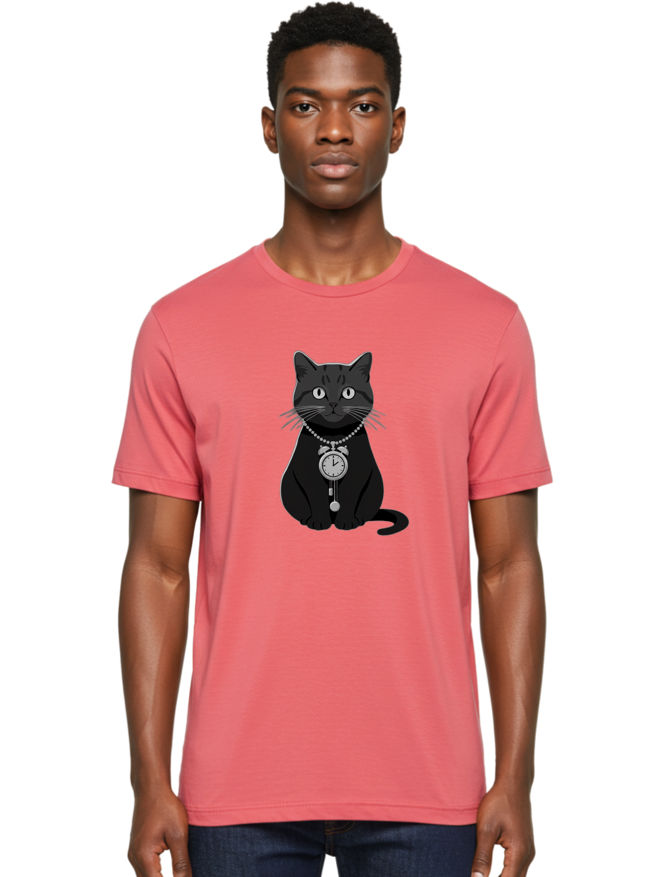 Black-Cat-With-Pocket-Watch Men'S Graphic Tee, 100% Cotton, Comfortable Casual Summer Wear, Machine Washable, Vintage Camera, Old Camera, Antique Camera, Black Camera, Classic Photography, Photography Equipment, Nostalgic Device, Film Camera, Bal812